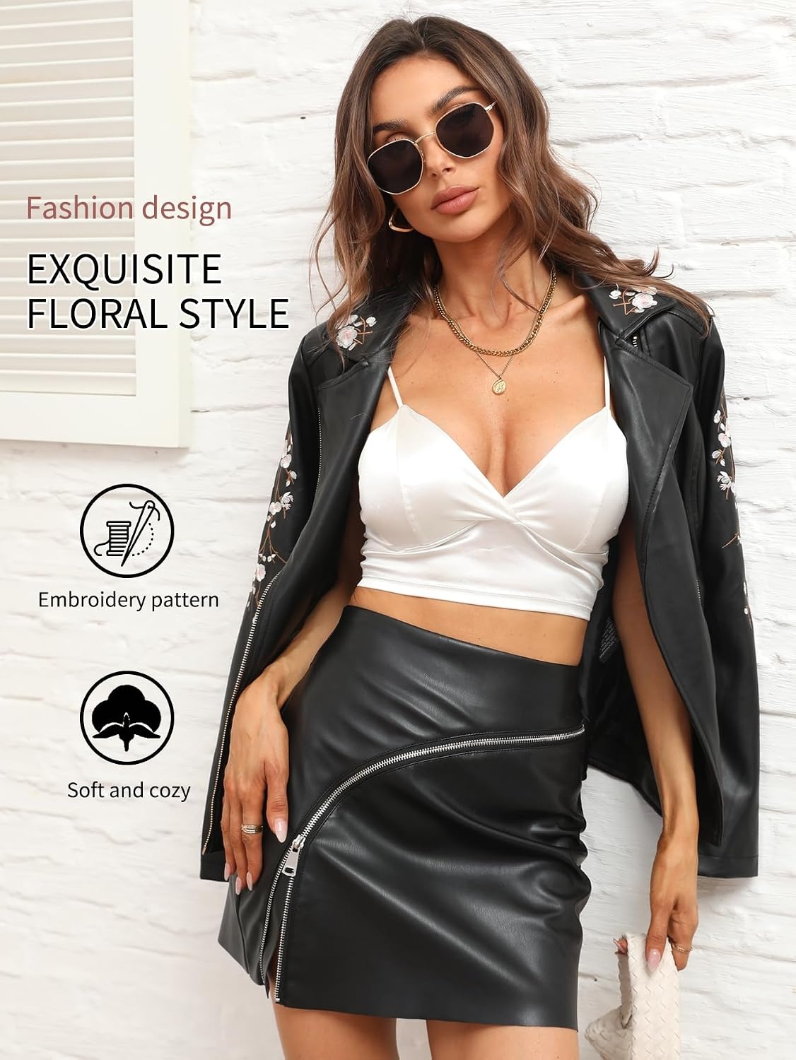 image:imageBellivera Womens Faux Leather Jacket Floral Lightweight Moto Coat Embroidered Casual Biker Slim Fit Outwear for Spring Fall with Pockets Notch Lapel and Asymmetric Front ZipperBlack