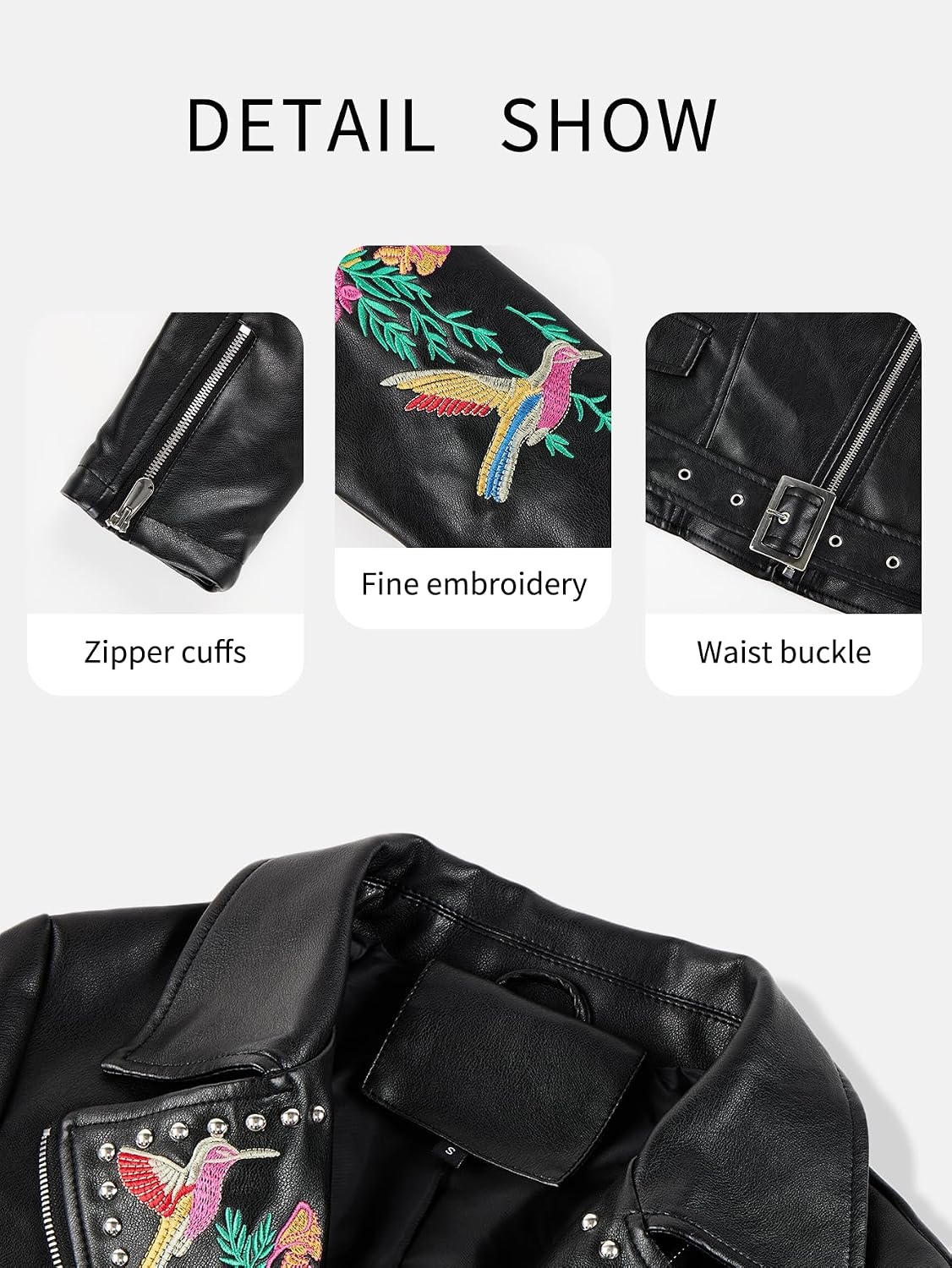 image:imageBellivera Womens Faux Leather Jacket Floral Lightweight Moto Coat Embroidered Casual Biker Slim Fit Outwear for Spring Fall with Pockets Notch Lapel and Asymmetric Front ZipperBlack Floral Belt Coat