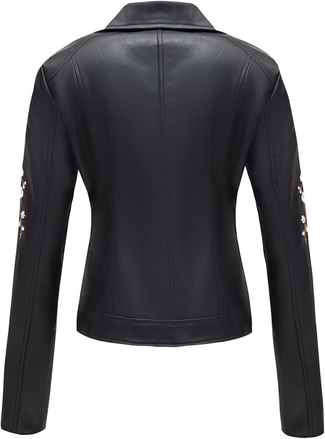 image:imageBellivera Womens Faux Leather Jacket Floral Lightweight Moto Coat Embroidered Casual Biker Slim Fit Outwear for Spring Fall with Pockets Notch Lapel and Asymmetric Front ZipperBlack