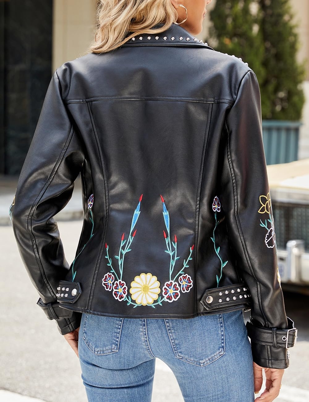image:imageBellivera Womens Faux Leather Jacket Floral Lightweight Moto Coat Embroidered Casual Biker Slim Fit Outwear for Spring Fall with Pockets Notch Lapel and Asymmetric Front ZipperBlack Studded Jacket