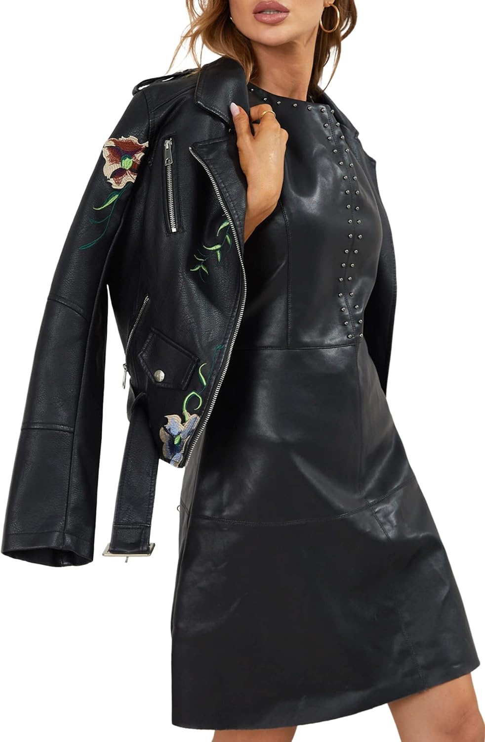 image:imageBellivera Womens Faux Leather Jacket Floral Lightweight Moto Coat Embroidered Casual Biker Slim Fit Outwear for Spring Fall with Pockets Notch Lapel and Asymmetric Front ZipperBlack Embroidered Jacket