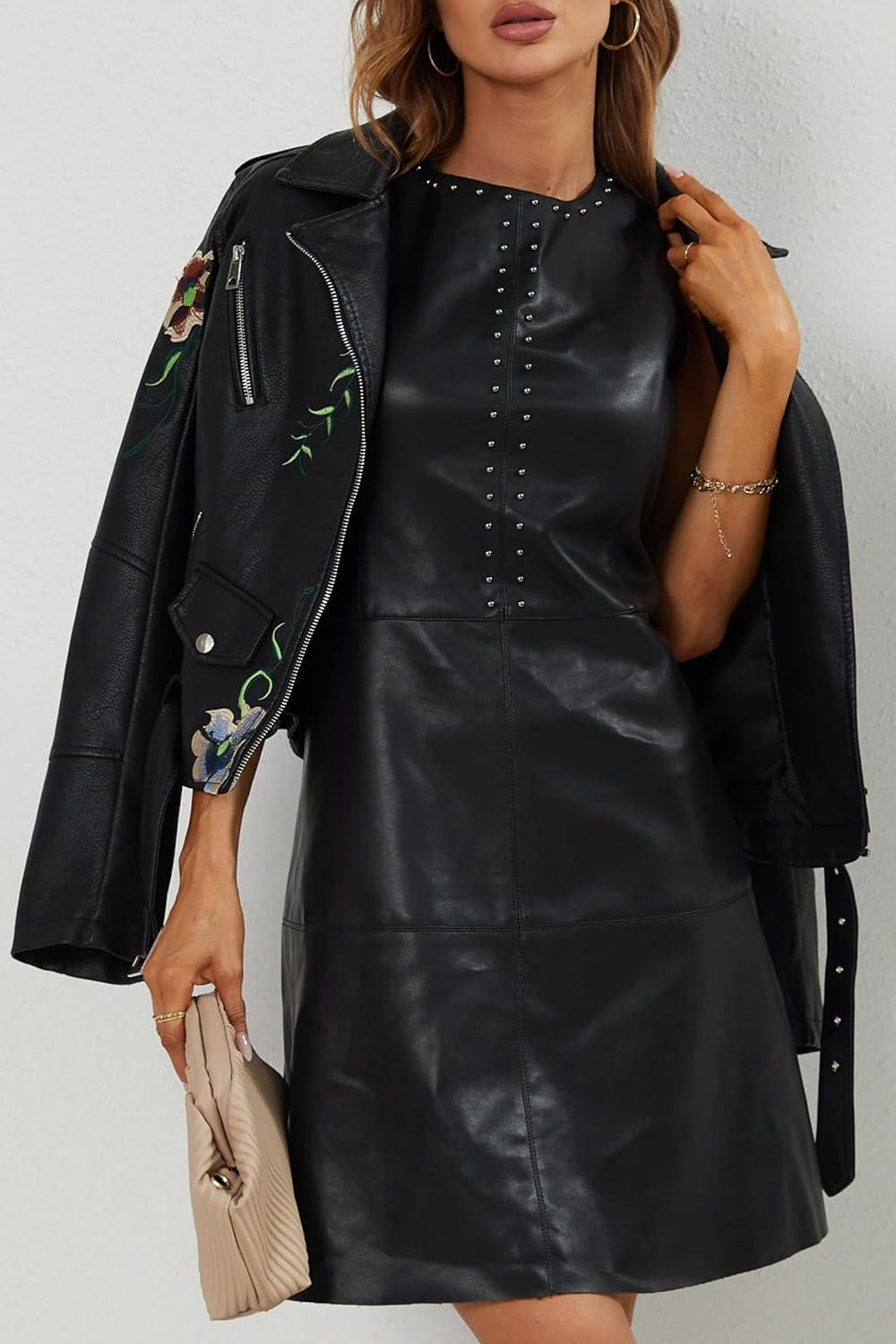image:imageBellivera Womens Faux Leather Jacket Floral Lightweight Moto Coat Embroidered Casual Biker Slim Fit Outwear for Spring Fall with Pockets Notch Lapel and Asymmetric Front ZipperBlack Embroidered Jacket