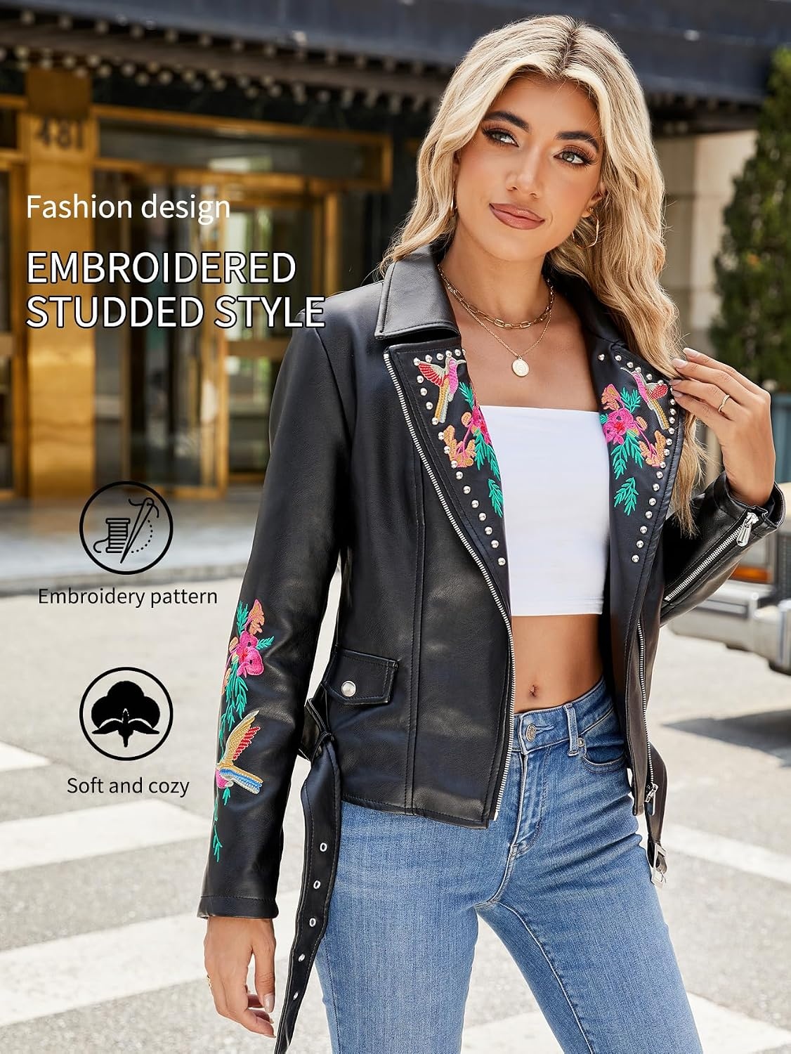 image:imageBellivera Womens Faux Leather Jacket Floral Lightweight Moto Coat Embroidered Casual Biker Slim Fit Outwear for Spring Fall with Pockets Notch Lapel and Asymmetric Front ZipperBlack Floral Belt Coat