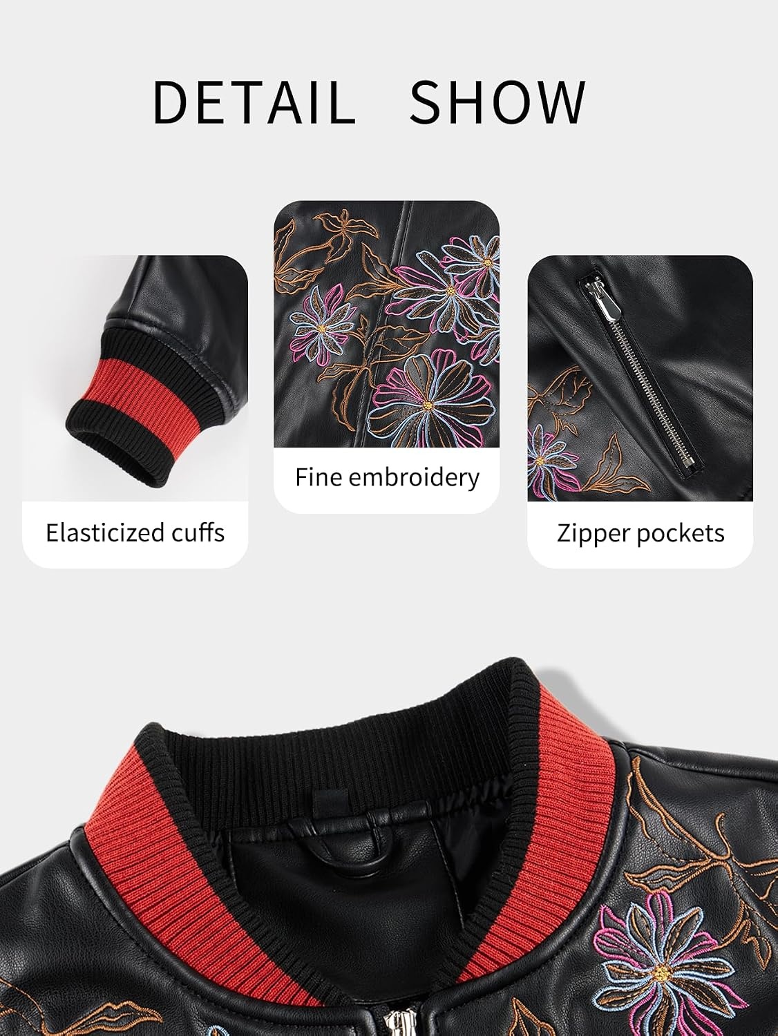 image:imageBellivera Womens Faux Leather Jacket Floral Lightweight Moto Coat Embroidered Casual Biker Slim Fit Outwear for Spring Fall with Pockets Notch Lapel and Asymmetric Front ZipperBlack Floral Motorcycle Coat