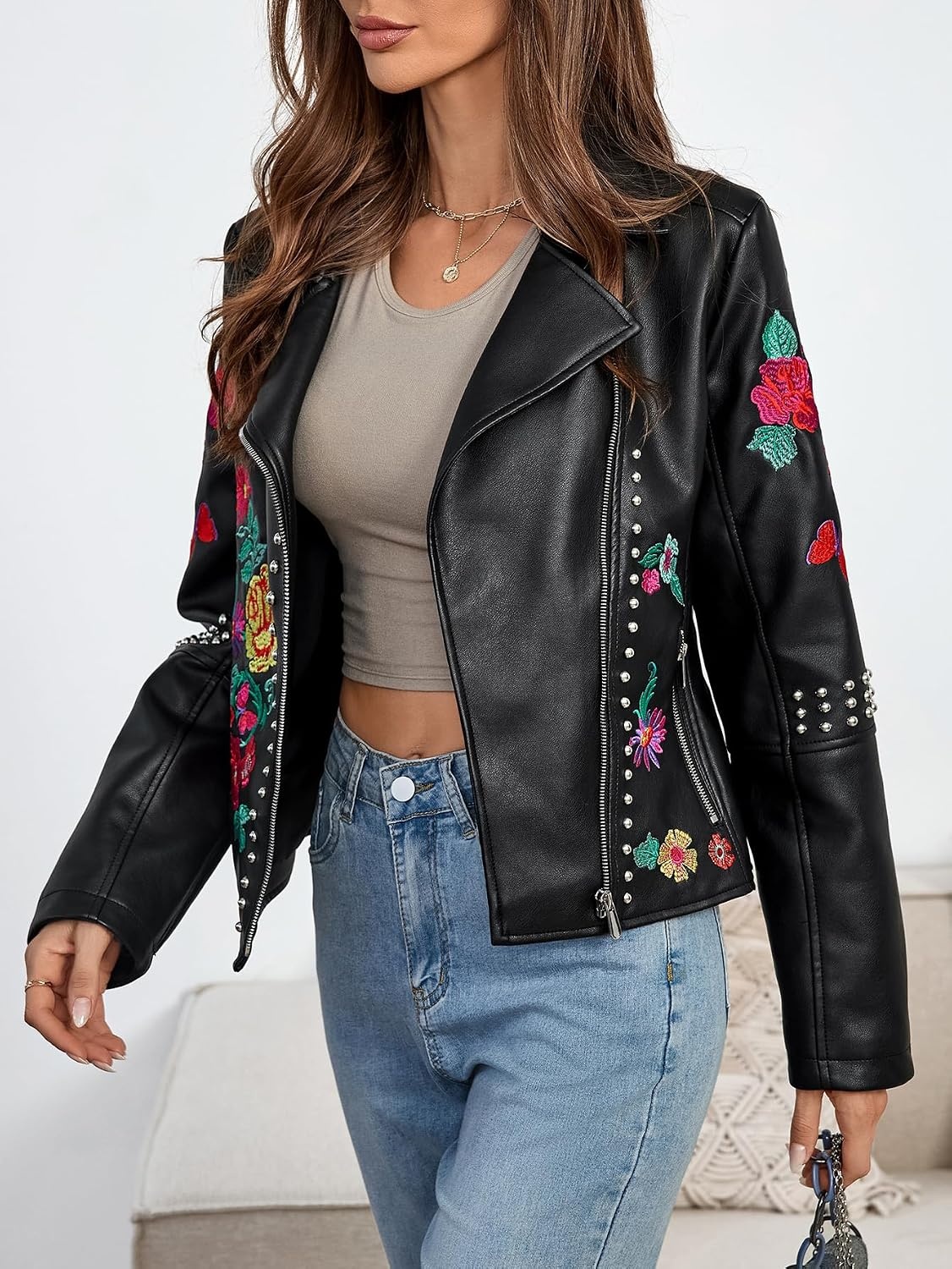 image:imageBellivera Womens Faux Leather Jacket Floral Lightweight Moto Coat Embroidered Casual Biker Slim Fit Outwear for Spring Fall with Pockets Notch Lapel and Asymmetric Front ZipperBlack Floral Jacket