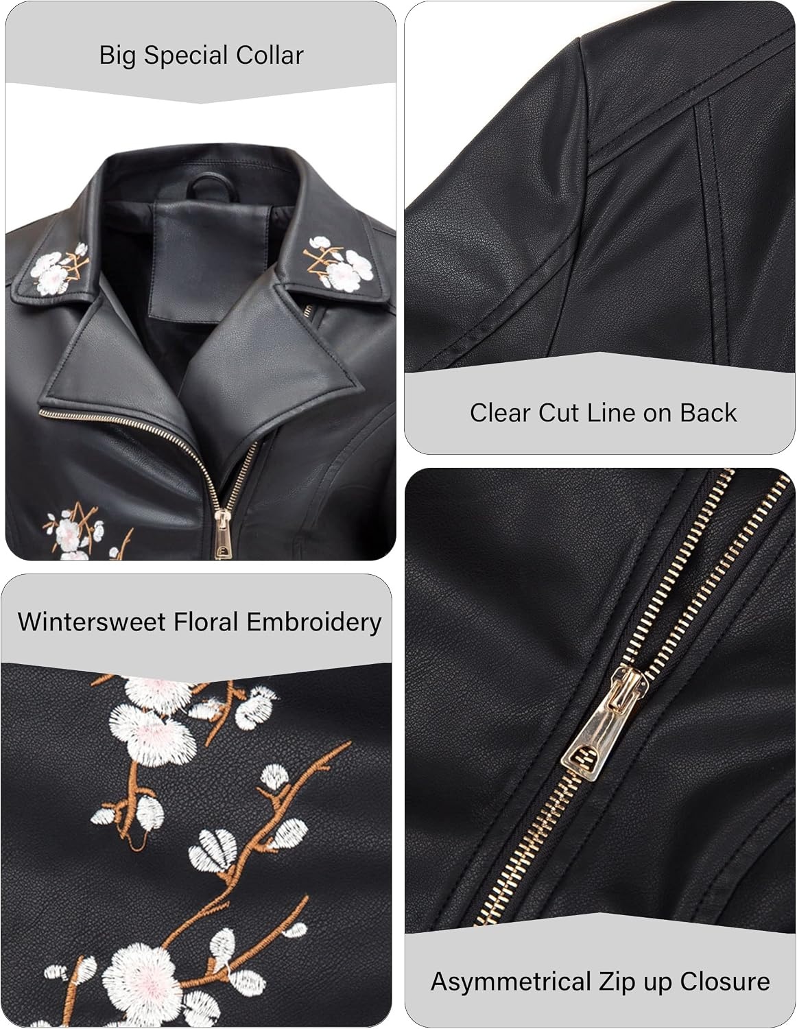 image:imageBellivera Womens Faux Leather Jacket Floral Lightweight Moto Coat Embroidered Casual Biker Slim Fit Outwear for Spring Fall with Pockets Notch Lapel and Asymmetric Front ZipperBlack