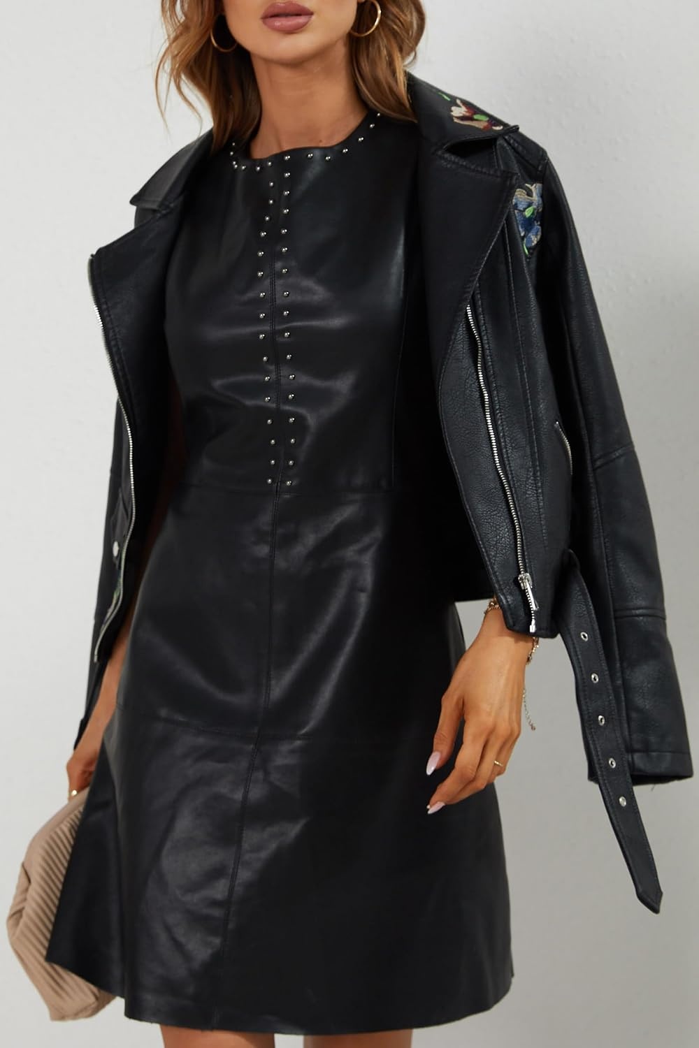 image:imageBellivera Womens Faux Leather Jacket Floral Lightweight Moto Coat Embroidered Casual Biker Slim Fit Outwear for Spring Fall with Pockets Notch Lapel and Asymmetric Front ZipperBlack Embroidered Jacket
