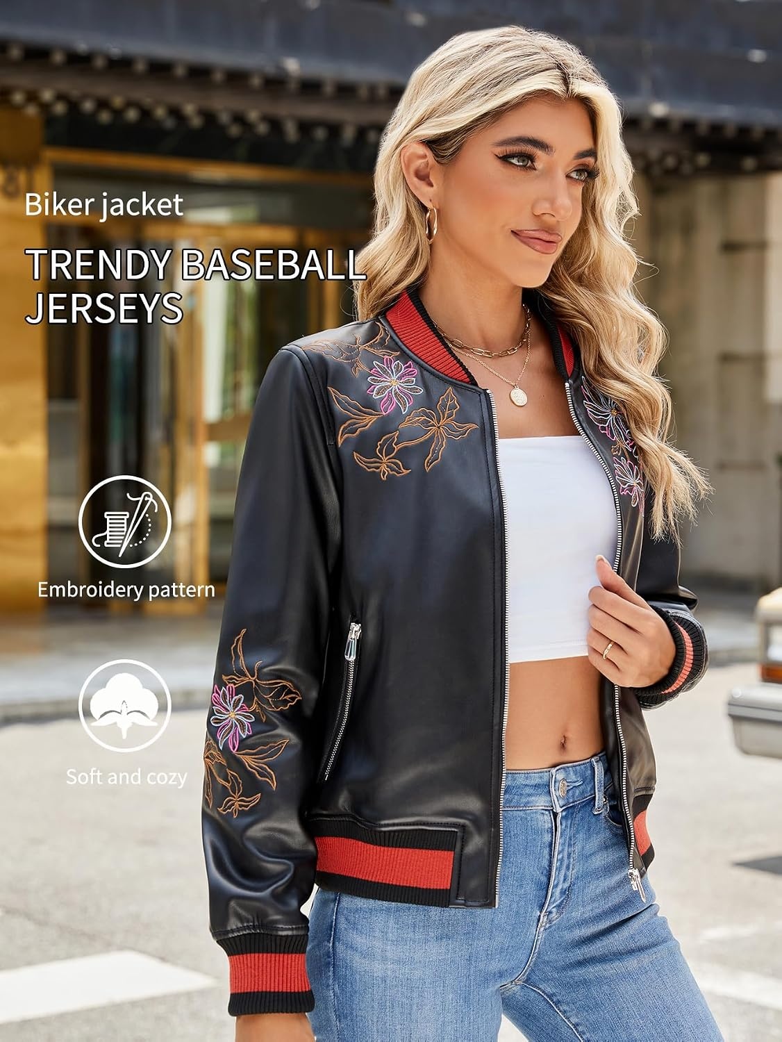 image:imageBellivera Womens Faux Leather Jacket Floral Lightweight Moto Coat Embroidered Casual Biker Slim Fit Outwear for Spring Fall with Pockets Notch Lapel and Asymmetric Front ZipperBlack Floral Motorcycle Coat