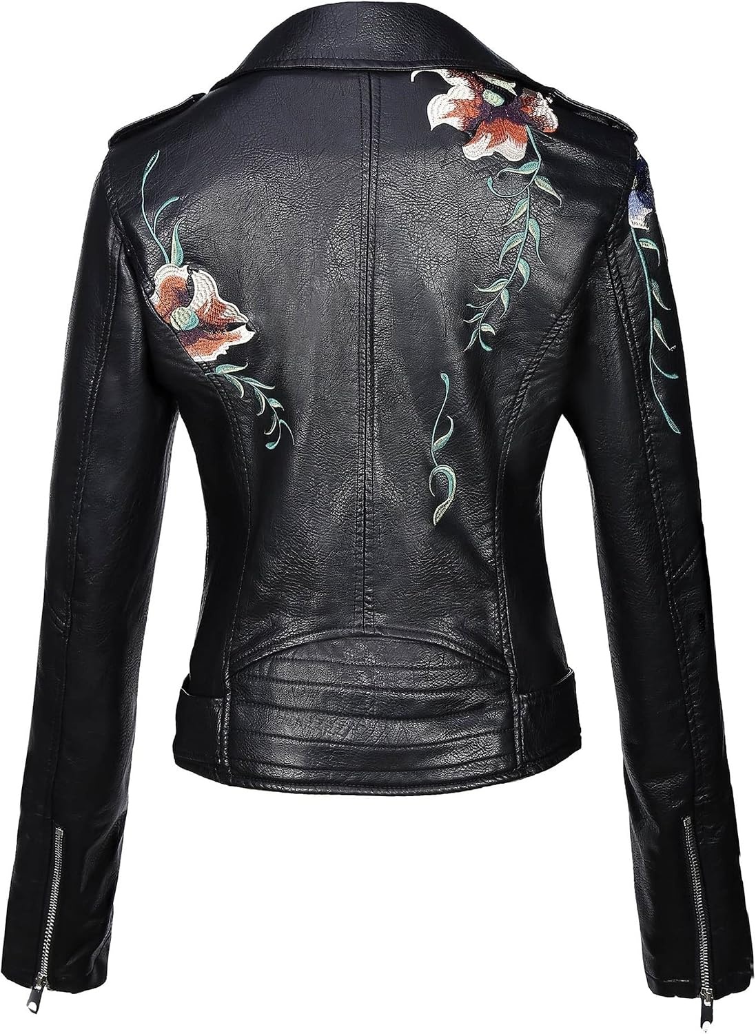 image:imageBellivera Womens Faux Leather Jacket Floral Lightweight Moto Coat Embroidered Casual Biker Slim Fit Outwear for Spring Fall with Pockets Notch Lapel and Asymmetric Front ZipperBlack Embroidered Jacket