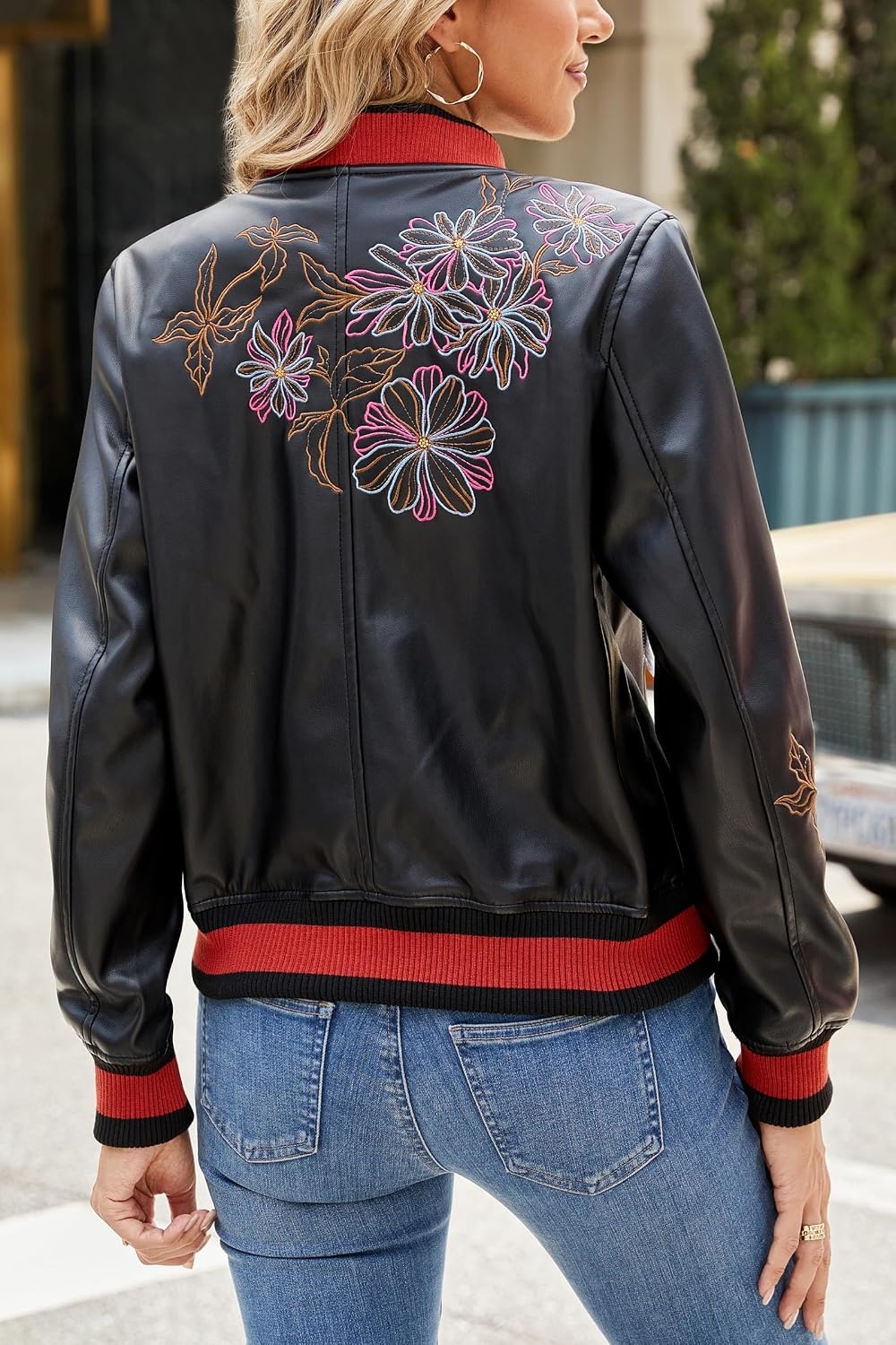 image:imageBellivera Womens Faux Leather Jacket Floral Lightweight Moto Coat Embroidered Casual Biker Slim Fit Outwear for Spring Fall with Pockets Notch Lapel and Asymmetric Front ZipperBlack Floral Motorcycle Coat