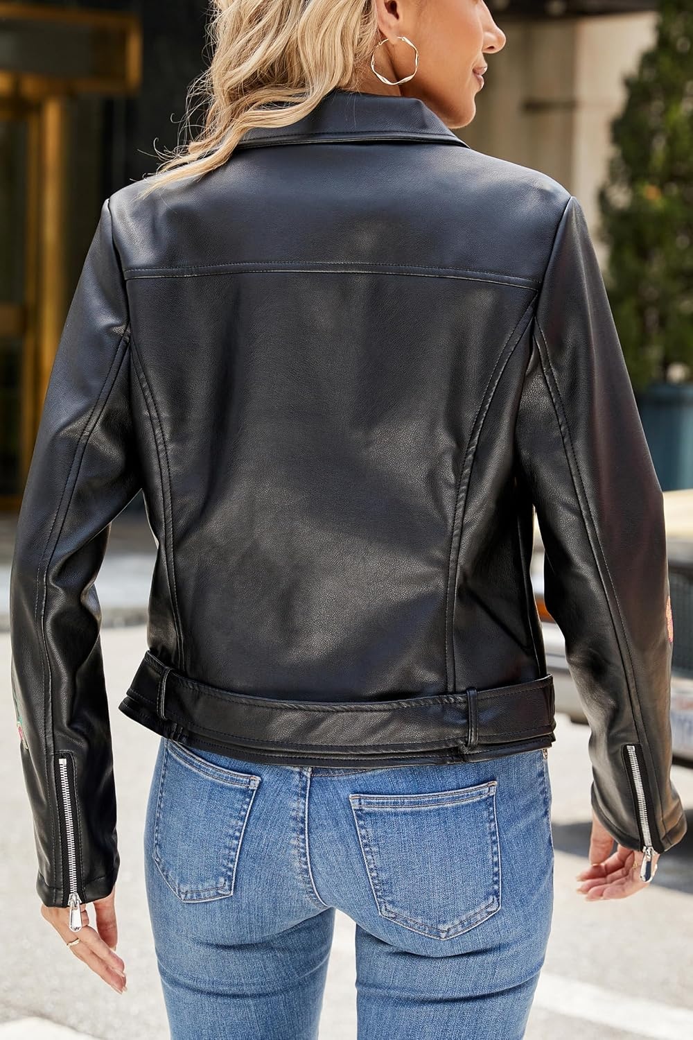 image:imageBellivera Womens Faux Leather Jacket Floral Lightweight Moto Coat Embroidered Casual Biker Slim Fit Outwear for Spring Fall with Pockets Notch Lapel and Asymmetric Front ZipperBlack Floral Belt Coat