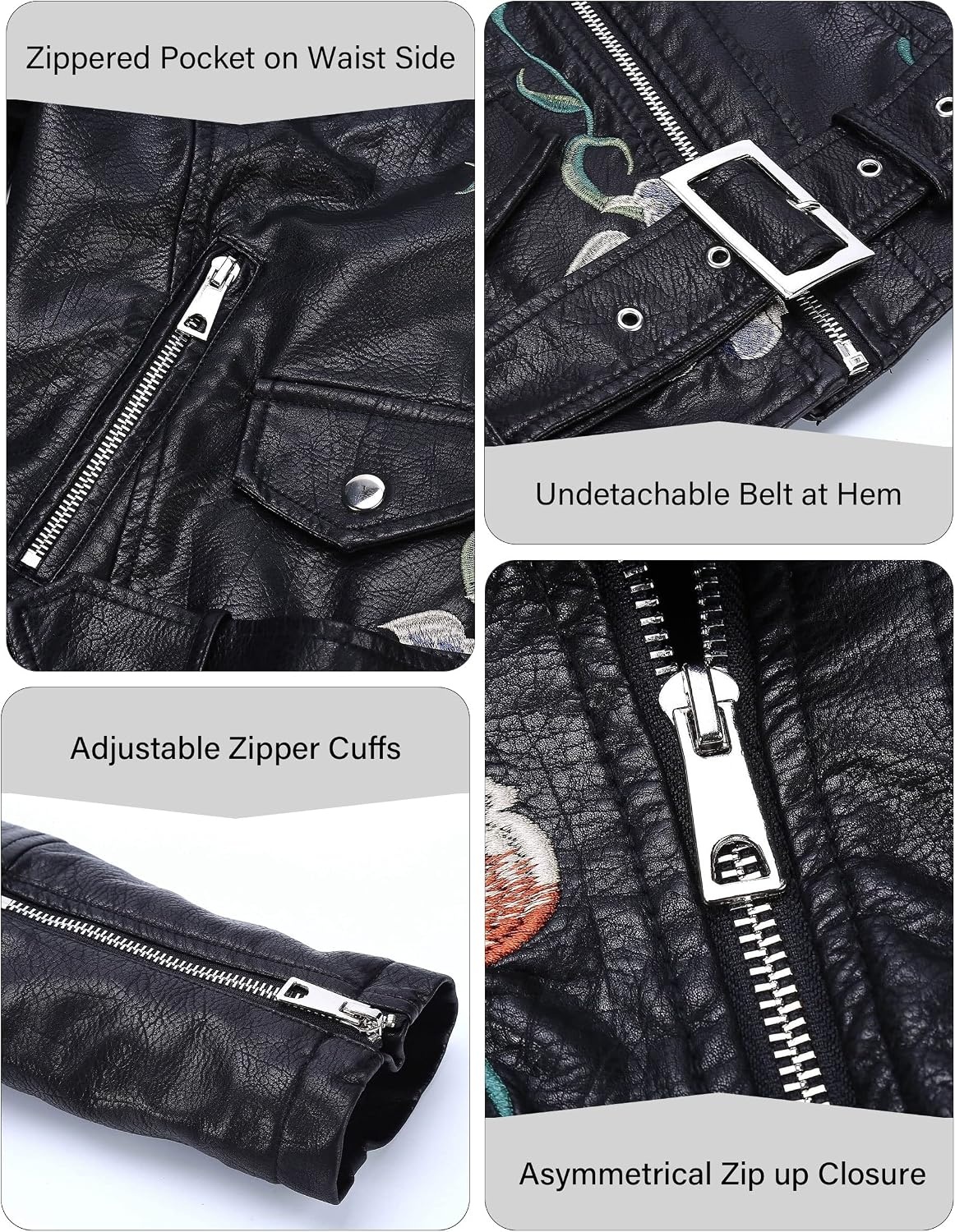 image:imageBellivera Womens Faux Leather Jacket Floral Lightweight Moto Coat Embroidered Casual Biker Slim Fit Outwear for Spring Fall with Pockets Notch Lapel and Asymmetric Front ZipperBlack Embroidered Jacket