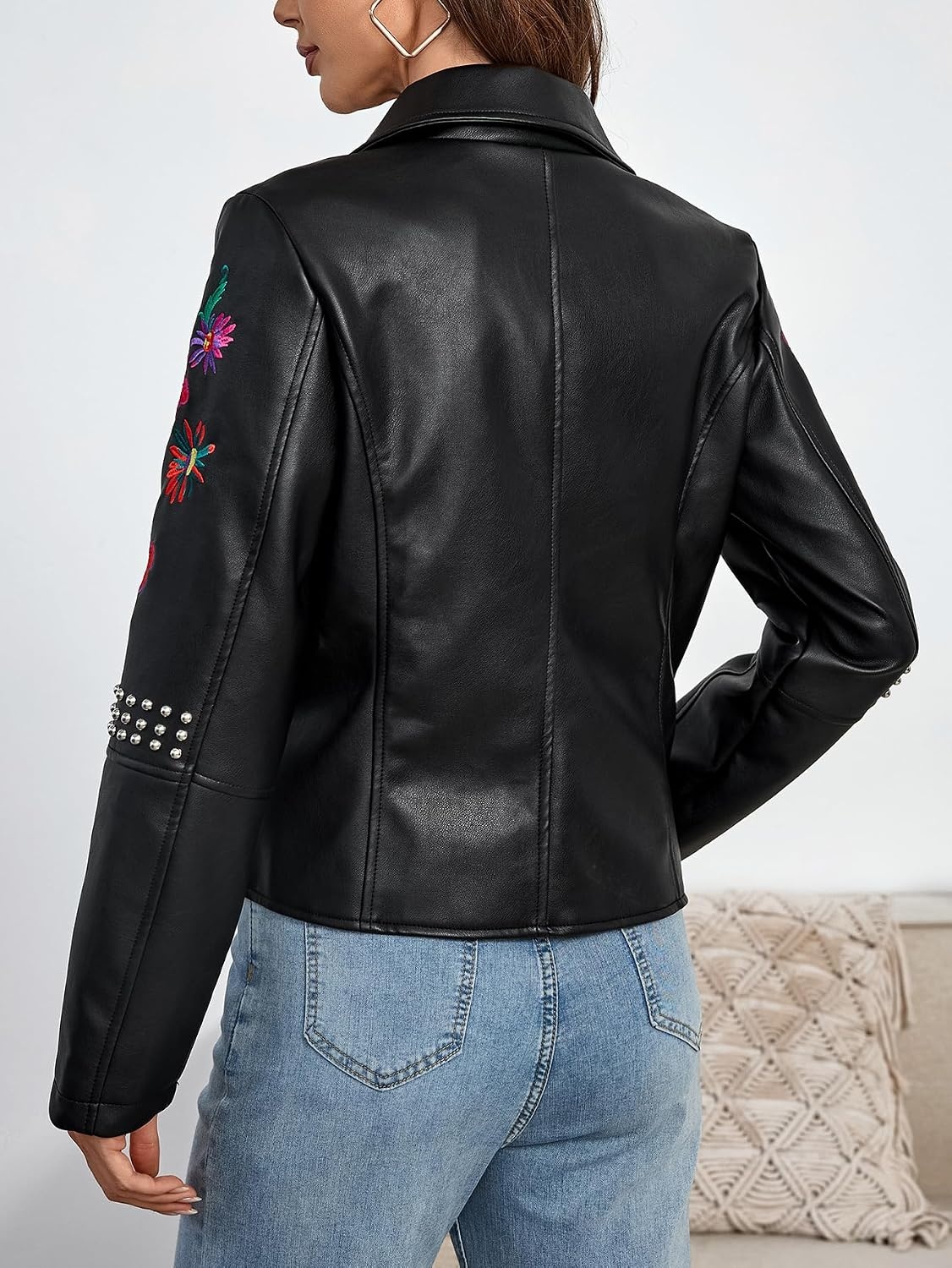image:imageBellivera Womens Faux Leather Jacket Floral Lightweight Moto Coat Embroidered Casual Biker Slim Fit Outwear for Spring Fall with Pockets Notch Lapel and Asymmetric Front ZipperBlack Floral Jacket