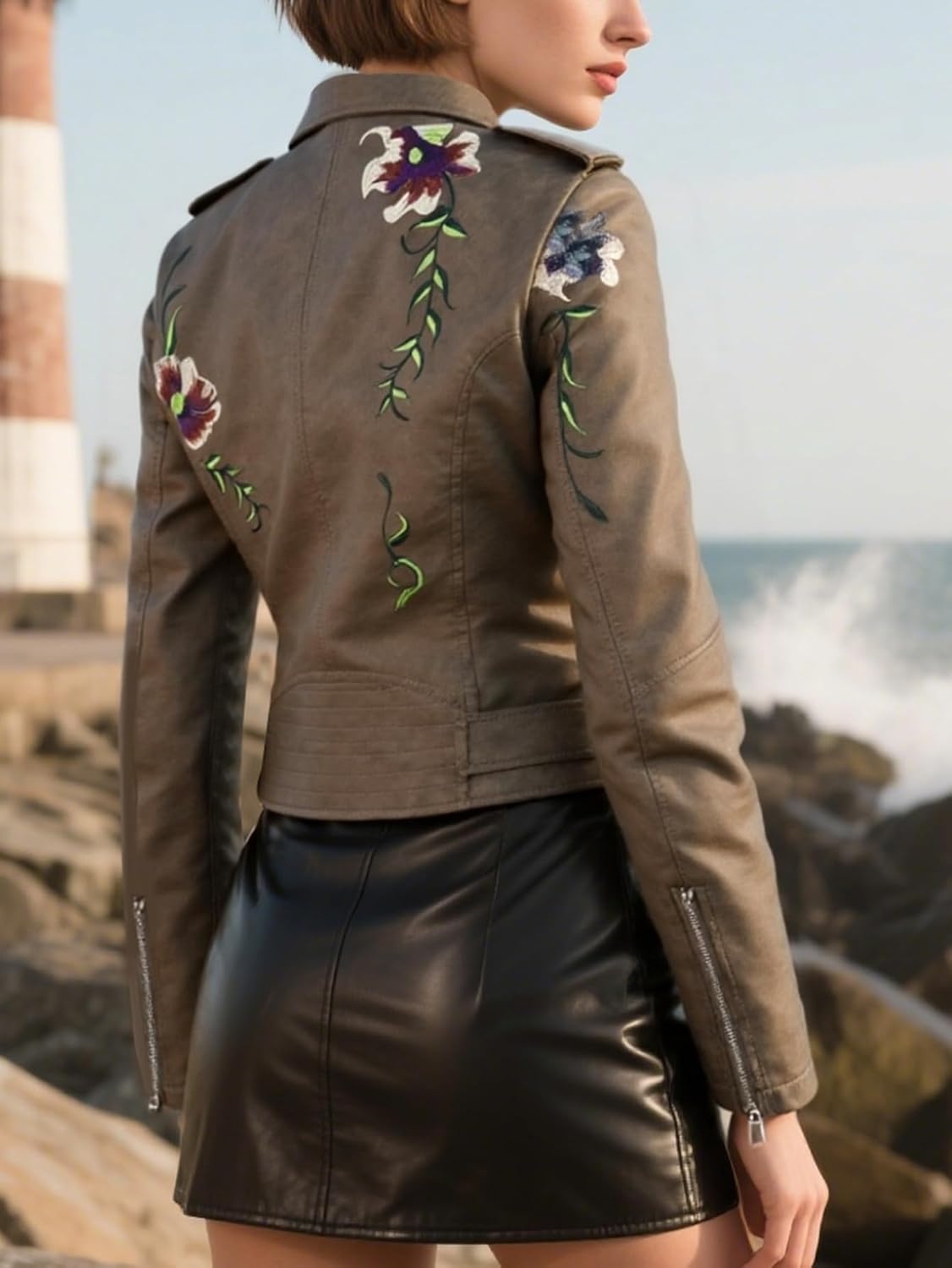 image:imageBellivera Womens Faux Leather Jacket Floral Lightweight Moto Coat Embroidered Casual Biker Slim Fit Outwear for Spring Fall with Pockets Notch Lapel and Asymmetric Front ZipperBrown Embroidered Jacket