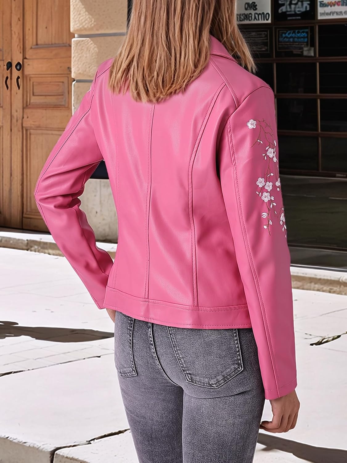 image:imageBellivera Womens Faux Leather Jacket Floral Lightweight Moto Coat Embroidered Casual Biker Slim Fit Outwear for Spring Fall with Pockets Notch Lapel and Asymmetric Front ZipperPink