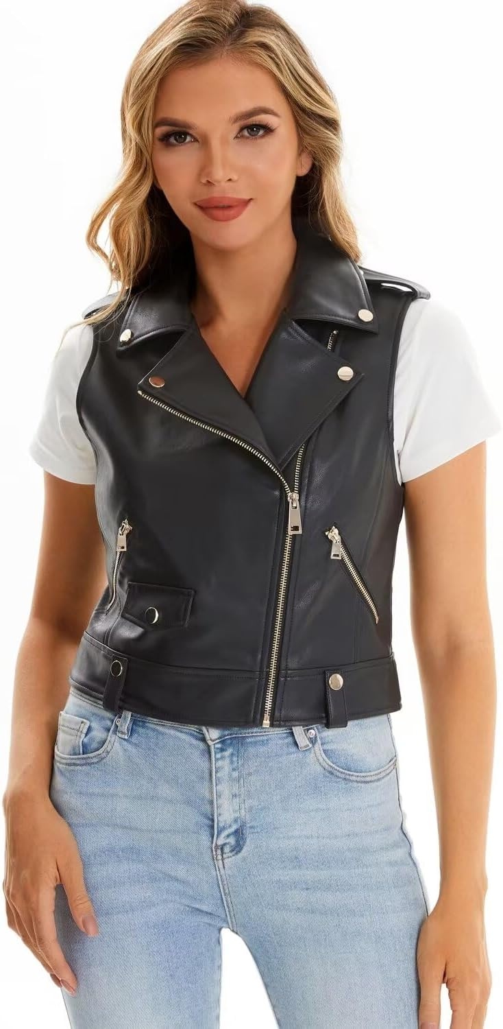 image:imageFaux Leather Vest For Women Zipper Cropped Sleeveless Biker Moto Slim PU Motorcycle Waistcoat067 Black