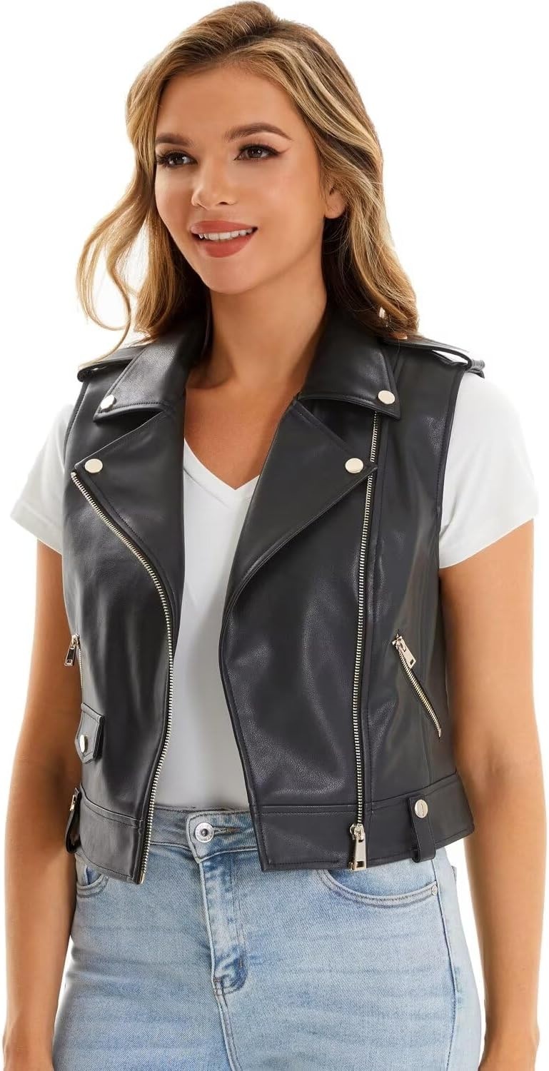 image:imageFaux Leather Vest For Women Zipper Cropped Sleeveless Biker Moto Slim PU Motorcycle Waistcoat067 Black