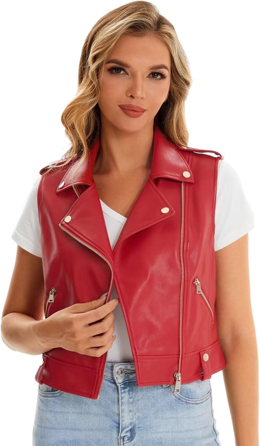 image:imageFaux Leather Vest For Women Zipper Cropped Sleeveless Biker Moto Slim PU Motorcycle Waistcoat067 Red