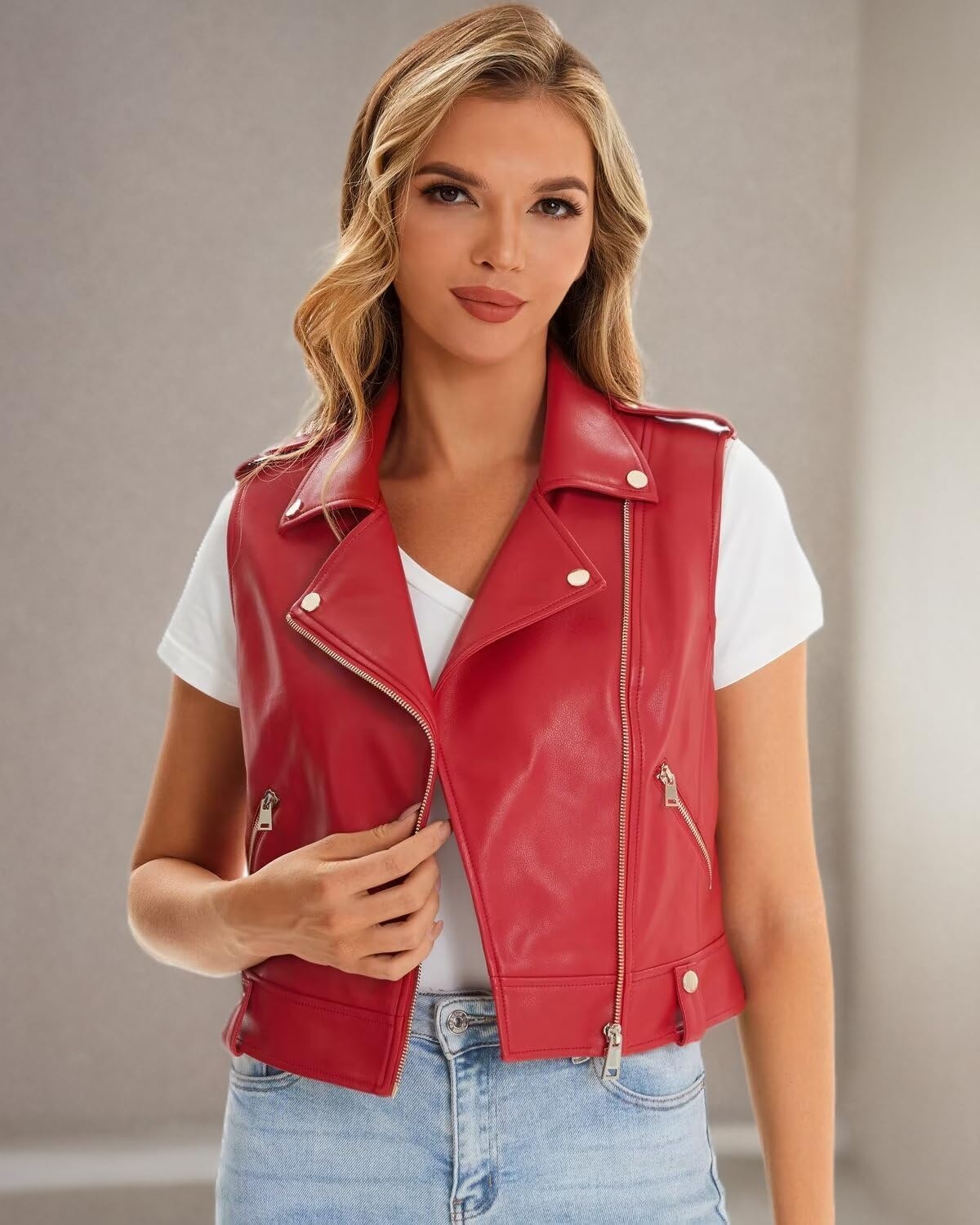 image:imageFaux Leather Vest For Women Zipper Cropped Sleeveless Biker Moto Slim PU Motorcycle Waistcoat067 Red