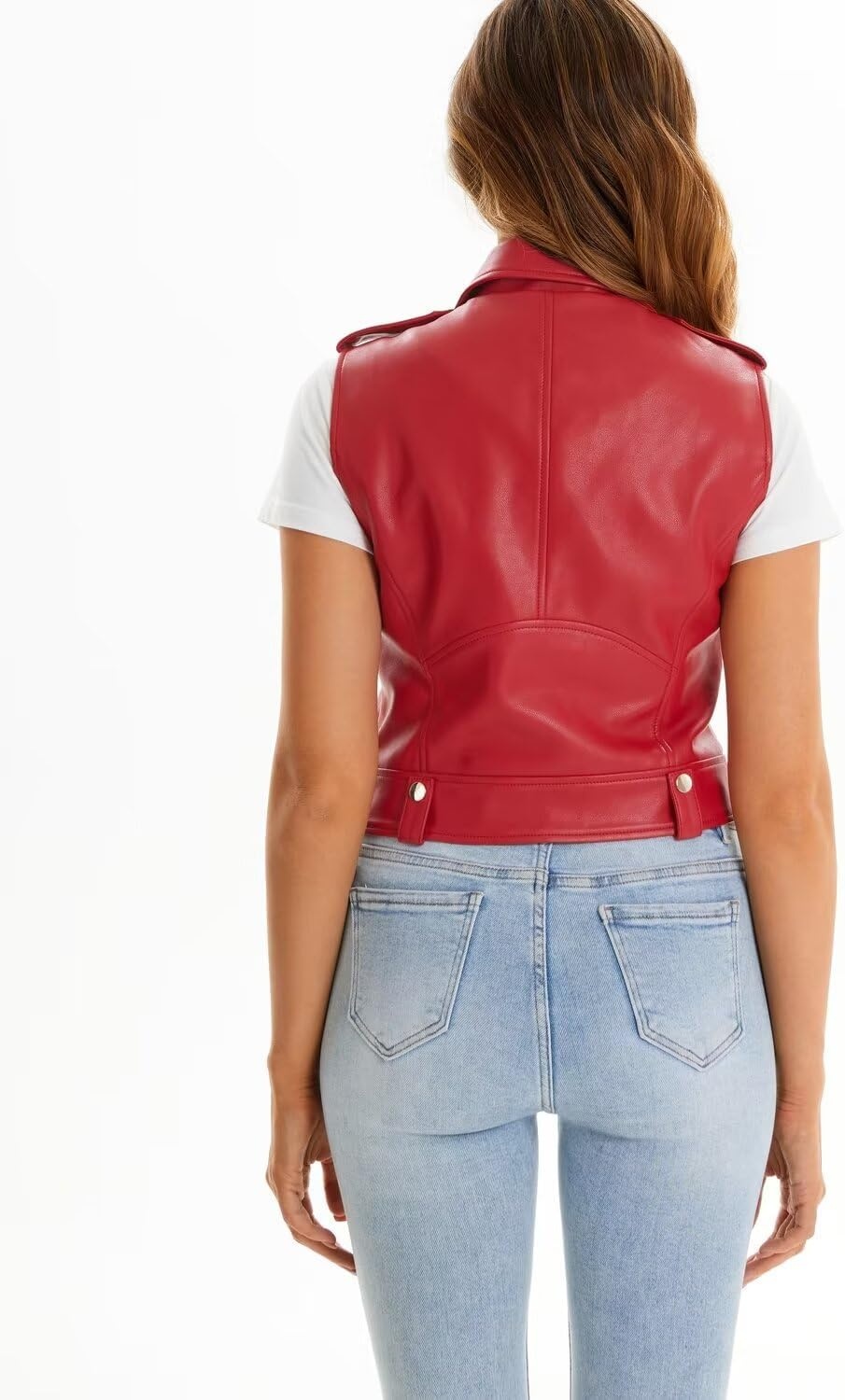 image:imageFaux Leather Vest For Women Zipper Cropped Sleeveless Biker Moto Slim PU Motorcycle Waistcoat067 Red