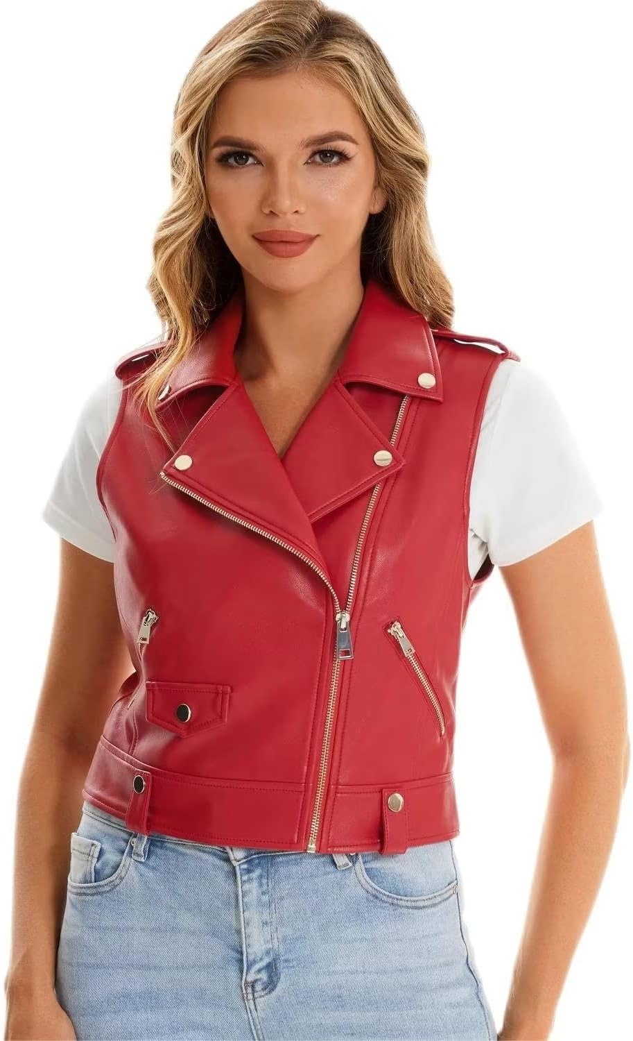 image:imageFaux Leather Vest For Women Zipper Cropped Sleeveless Biker Moto Slim PU Motorcycle Waistcoat067 Red