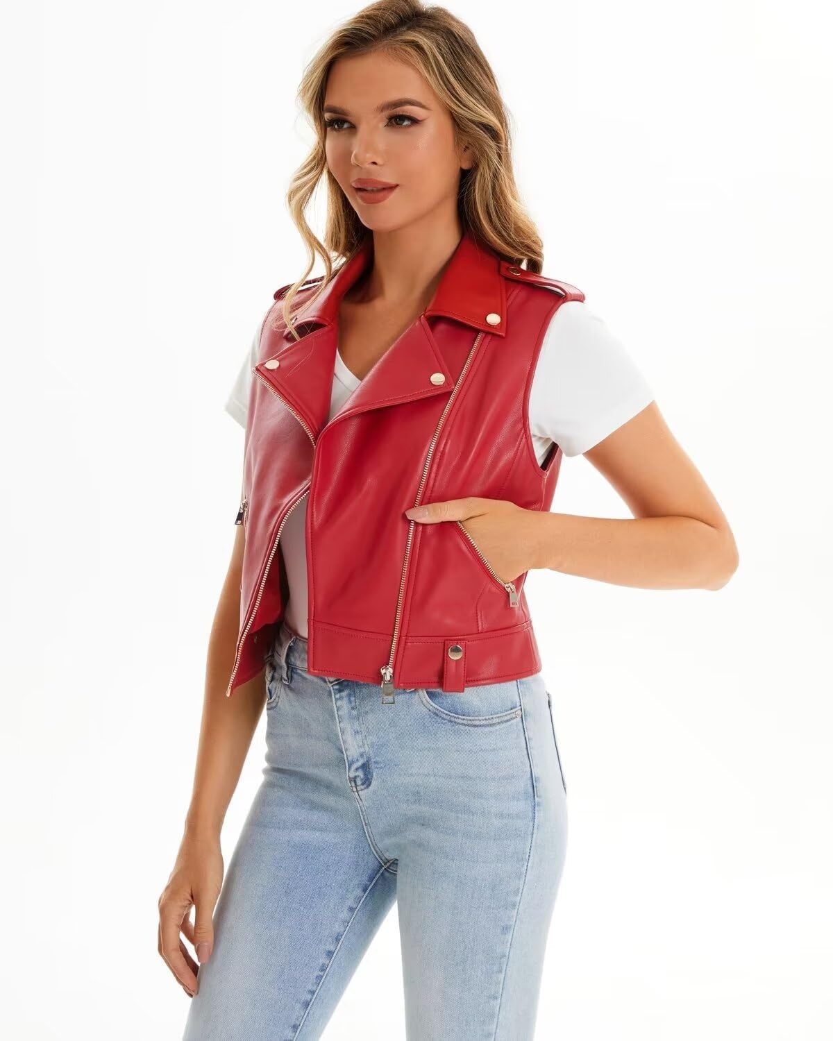 image:imageFaux Leather Vest For Women Zipper Cropped Sleeveless Biker Moto Slim PU Motorcycle Waistcoat067 Red