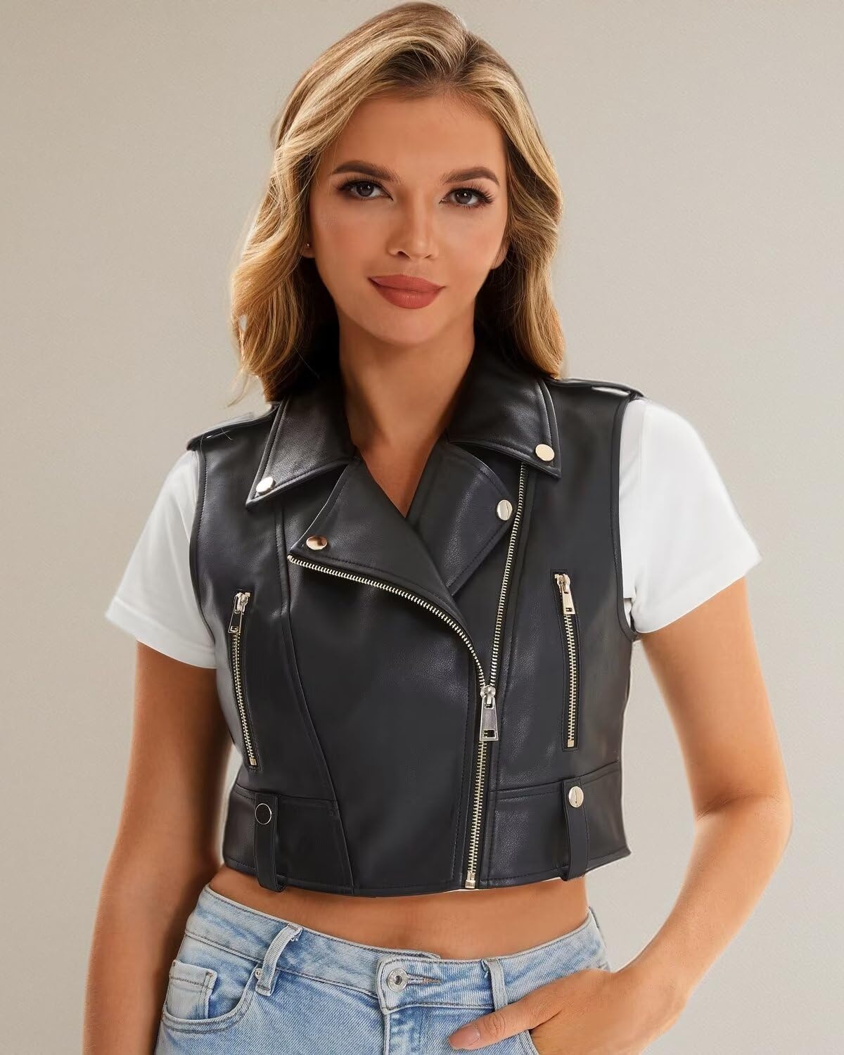 image:imageFaux Leather Vest For Women Zipper Cropped Sleeveless Biker Moto Slim PU Motorcycle Waistcoat068 Black