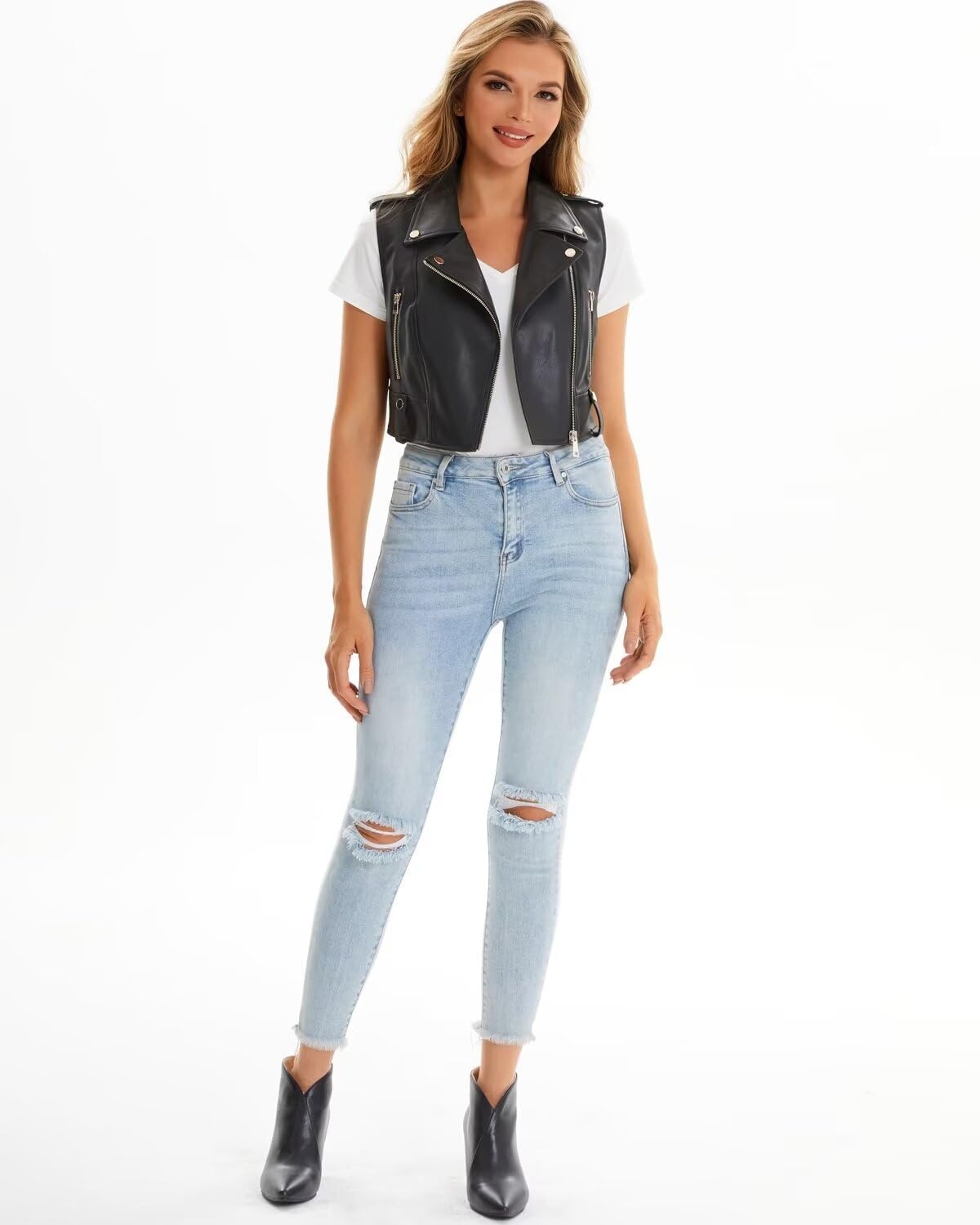 image:imageFaux Leather Vest For Women Zipper Cropped Sleeveless Biker Moto Slim PU Motorcycle Waistcoat068 Black