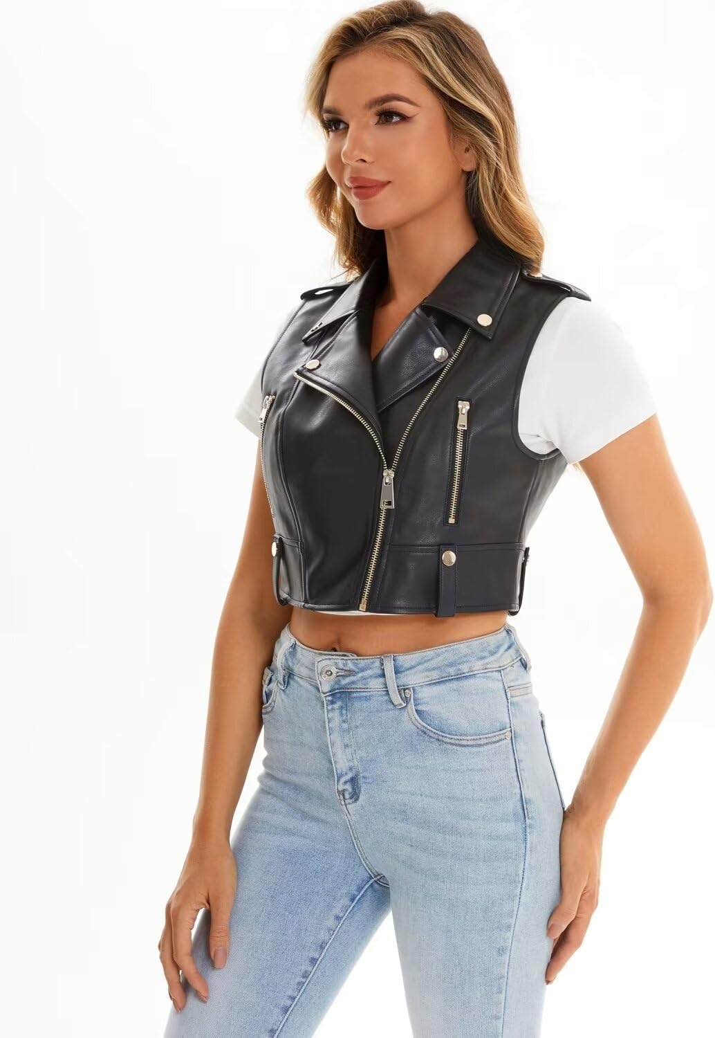 image:imageFaux Leather Vest For Women Zipper Cropped Sleeveless Biker Moto Slim PU Motorcycle Waistcoat068 Black
