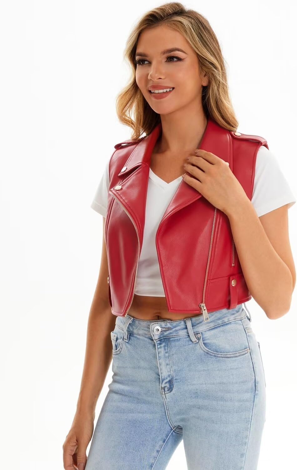 image:imageFaux Leather Vest For Women Zipper Cropped Sleeveless Biker Moto Slim PU Motorcycle Waistcoat068 Red
