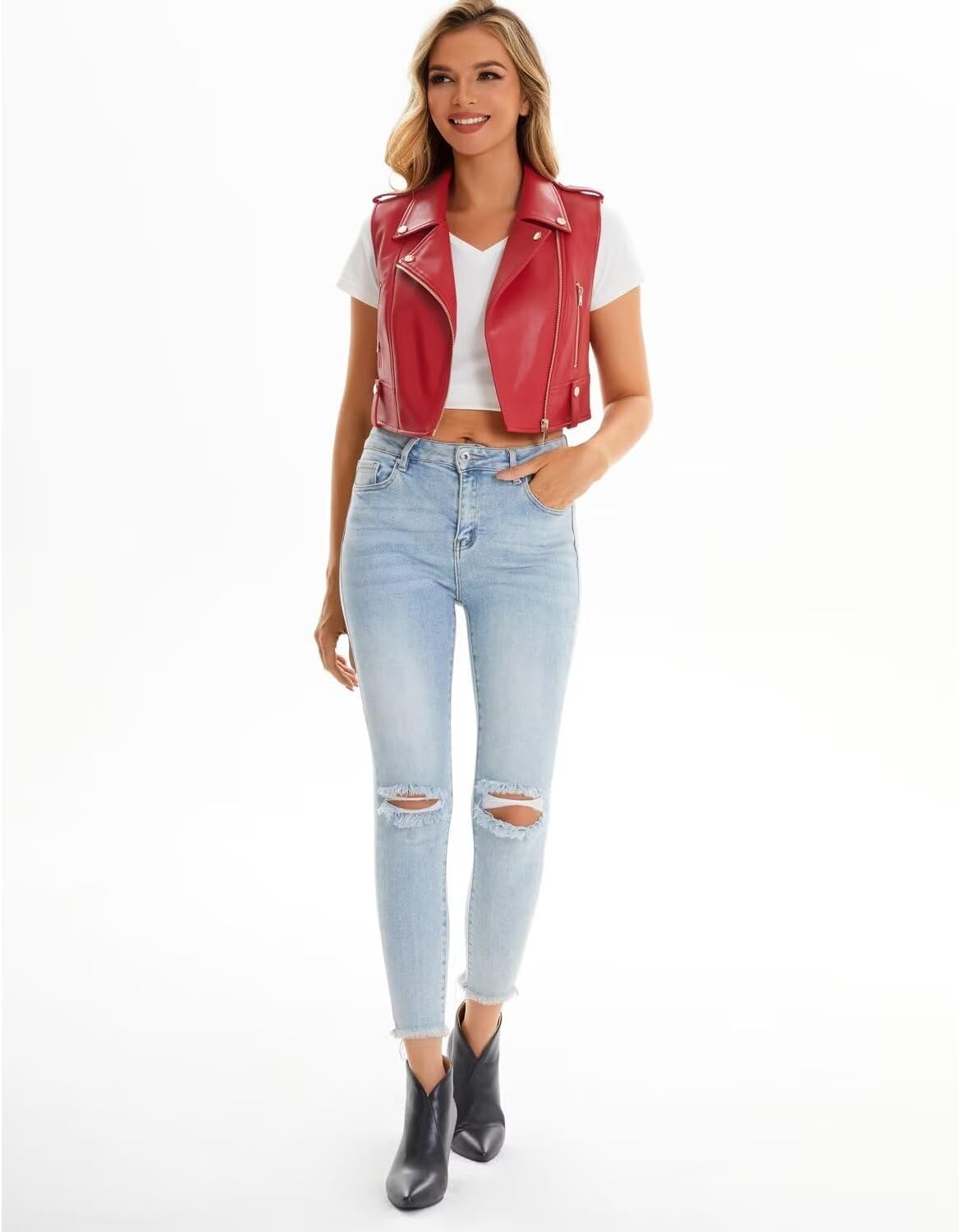 image:imageFaux Leather Vest For Women Zipper Cropped Sleeveless Biker Moto Slim PU Motorcycle Waistcoat068 Red