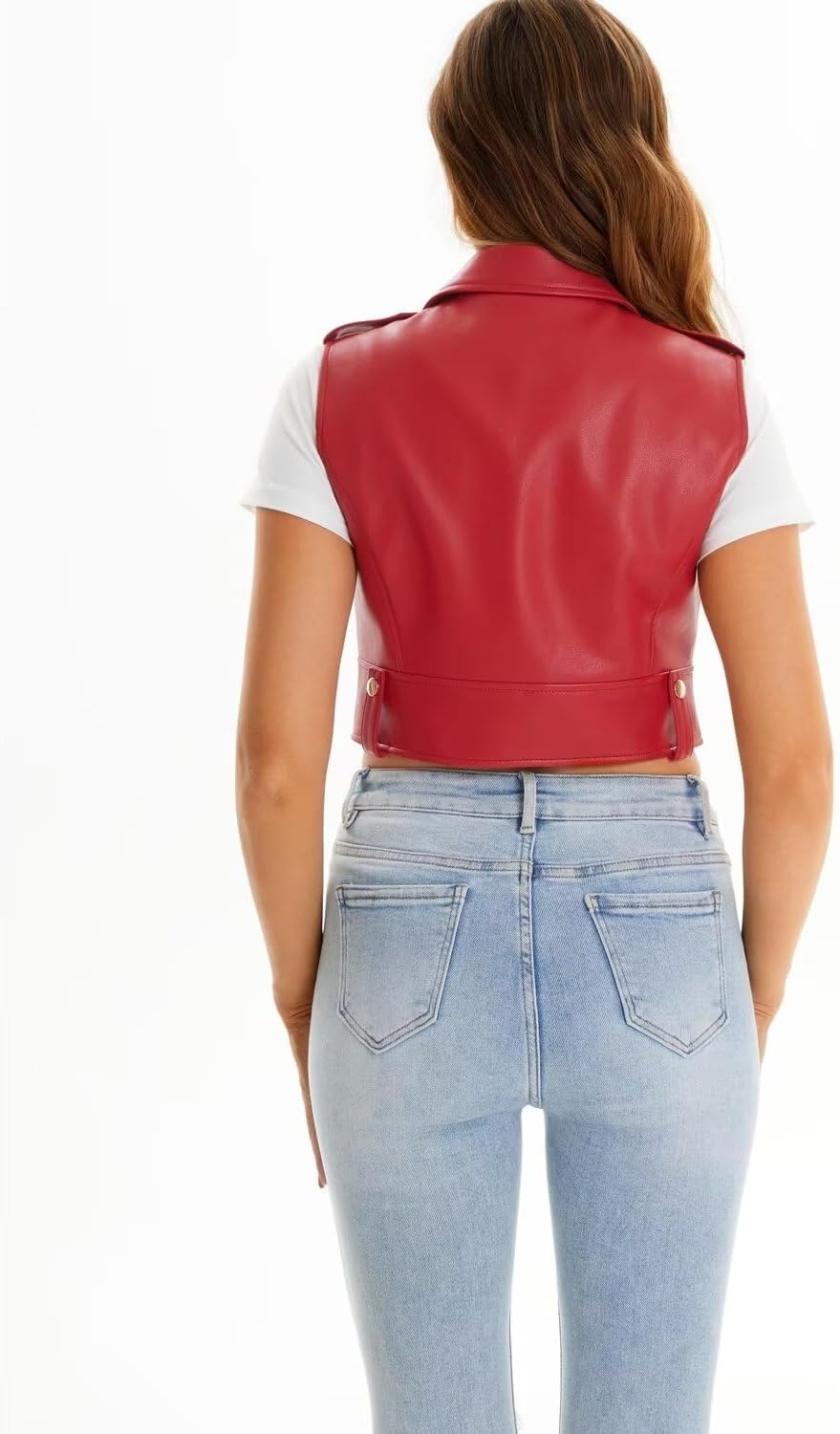 image:imageFaux Leather Vest For Women Zipper Cropped Sleeveless Biker Moto Slim PU Motorcycle Waistcoat068 Red