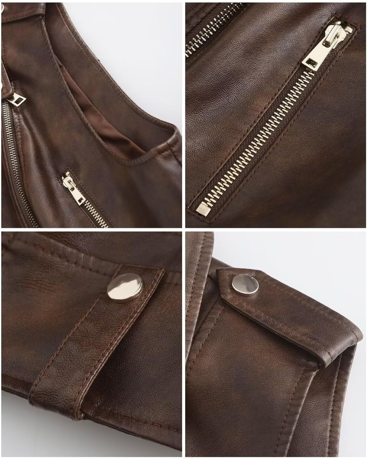 image:imageFaux Leather Vest For Women Zipper Cropped Sleeveless Biker Moto Slim PU Motorcycle Waistcoat116 Dark Brown