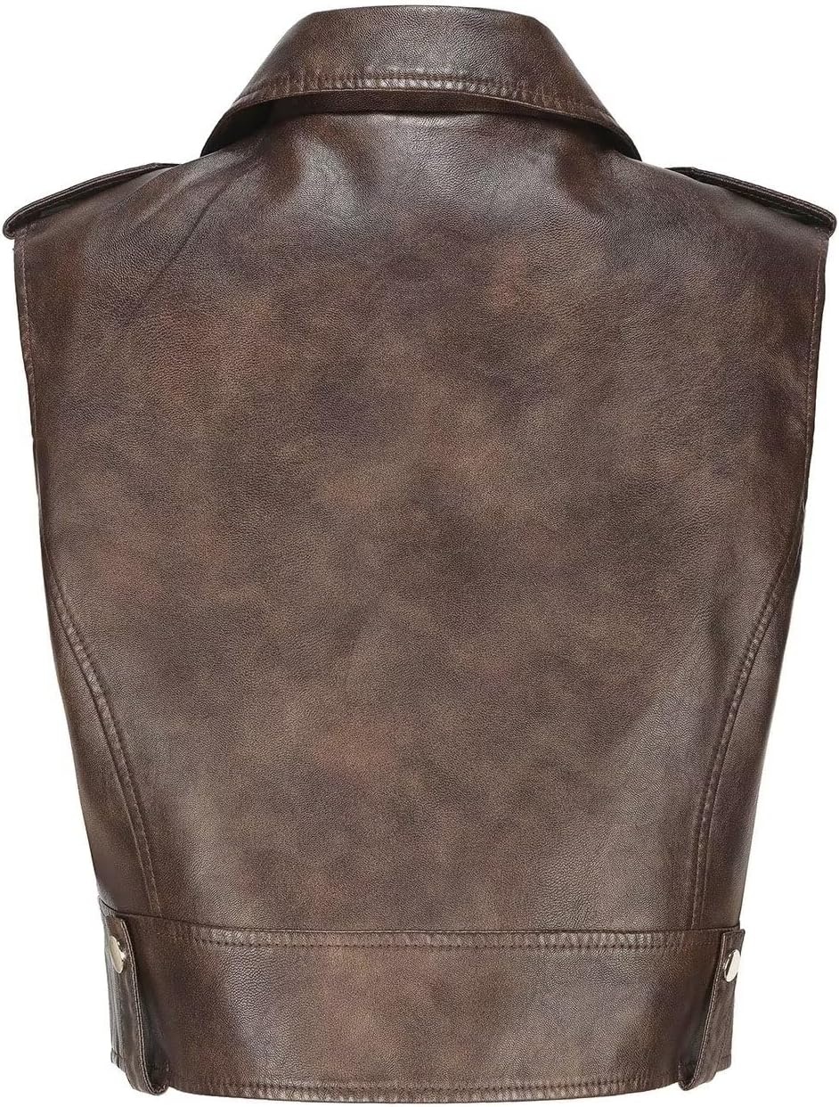 image:imageFaux Leather Vest For Women Zipper Cropped Sleeveless Biker Moto Slim PU Motorcycle Waistcoat116 Dark Brown