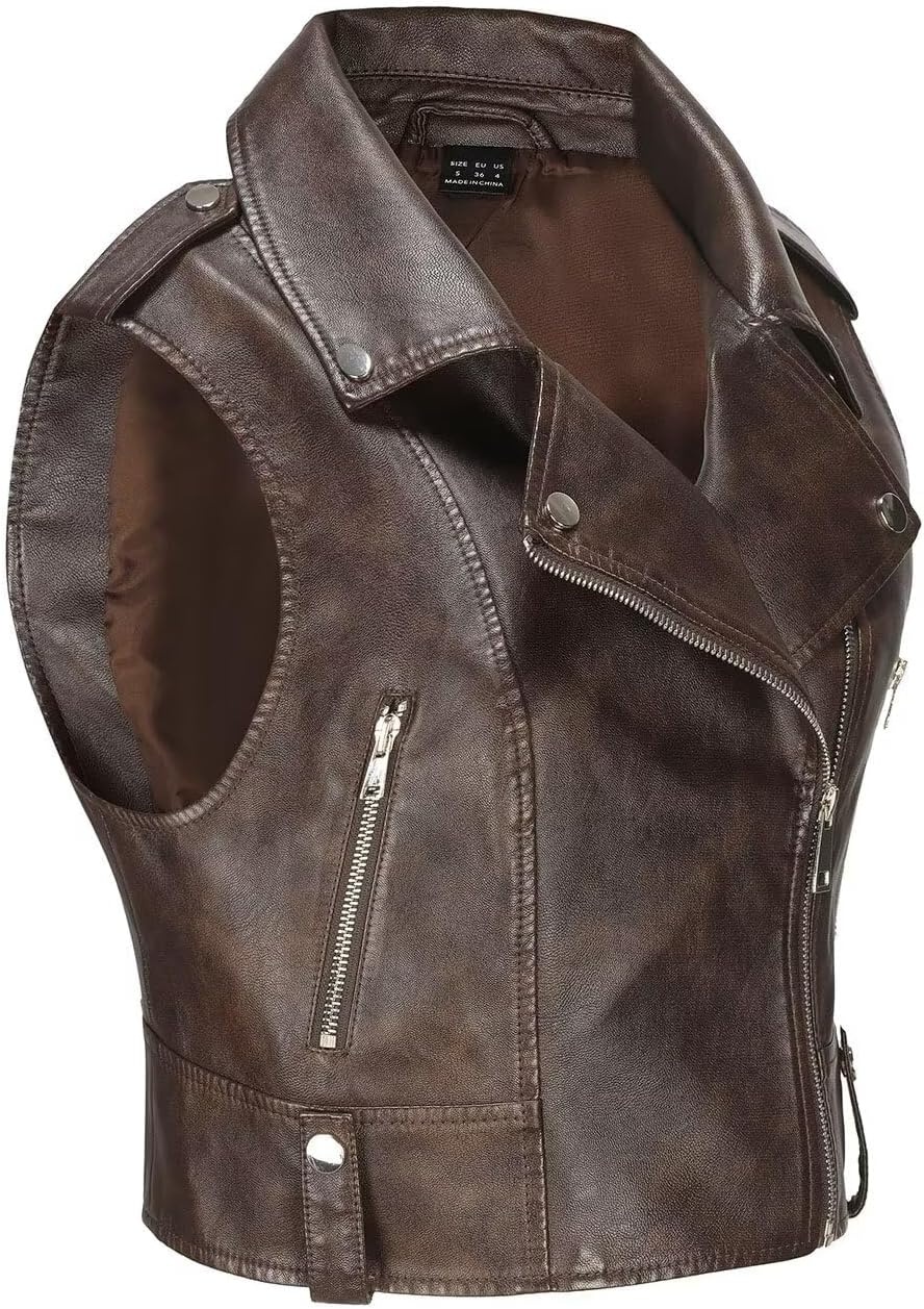 image:imageFaux Leather Vest For Women Zipper Cropped Sleeveless Biker Moto Slim PU Motorcycle Waistcoat116 Dark Brown