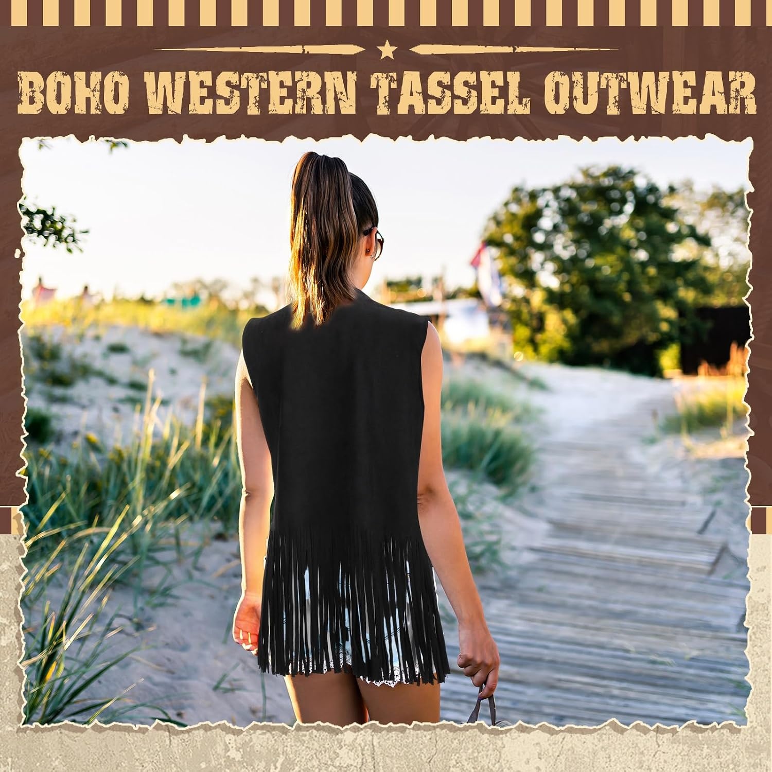 image:imageHercicy Fringe Vest for Women 70s Hippie Western Cowgirl Vest Faux Suede Rivets Sleeveless Tassel Leather Vests JacketBlack