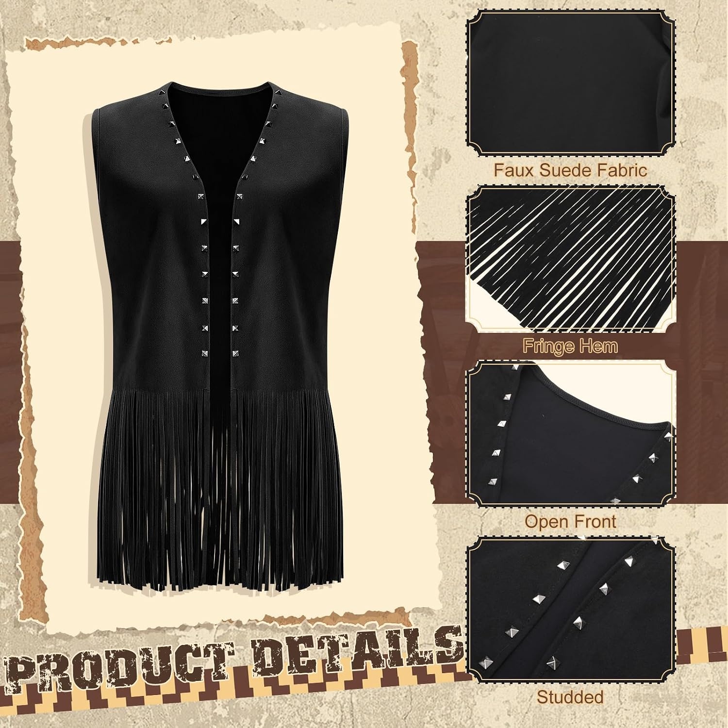 image:imageHercicy Fringe Vest for Women 70s Hippie Western Cowgirl Vest Faux Suede Rivets Sleeveless Tassel Leather Vests JacketBlack