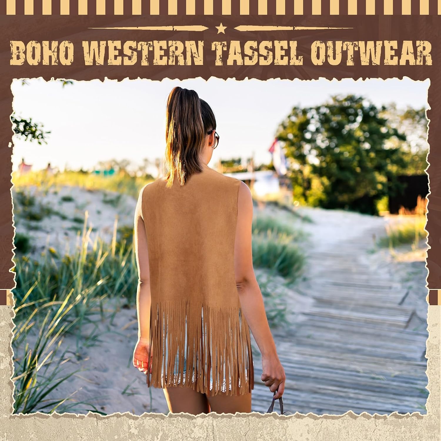 image:imageHercicy Fringe Vest for Women 70s Hippie Western Cowgirl Vest Faux Suede Rivets Sleeveless Tassel Leather Vests JacketBrown