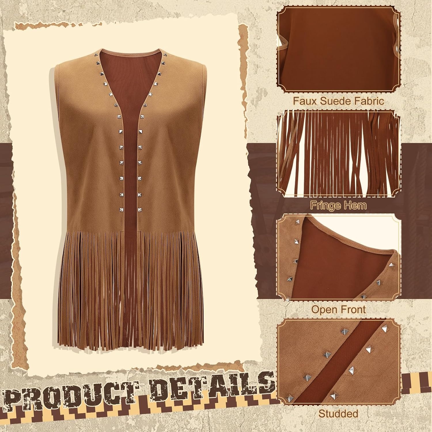 image:imageHercicy Fringe Vest for Women 70s Hippie Western Cowgirl Vest Faux Suede Rivets Sleeveless Tassel Leather Vests JacketBrown