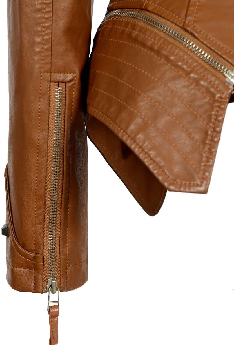 image:imageSX Womens Fashion Studded Perfectly Shaping Faux Leather Biker JacketApricot Yellow