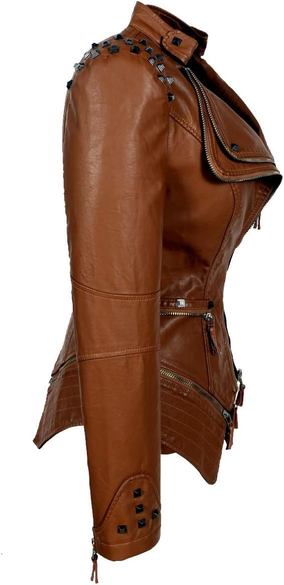 image:imageSX Womens Fashion Studded Perfectly Shaping Faux Leather Biker JacketApricot Yellow
