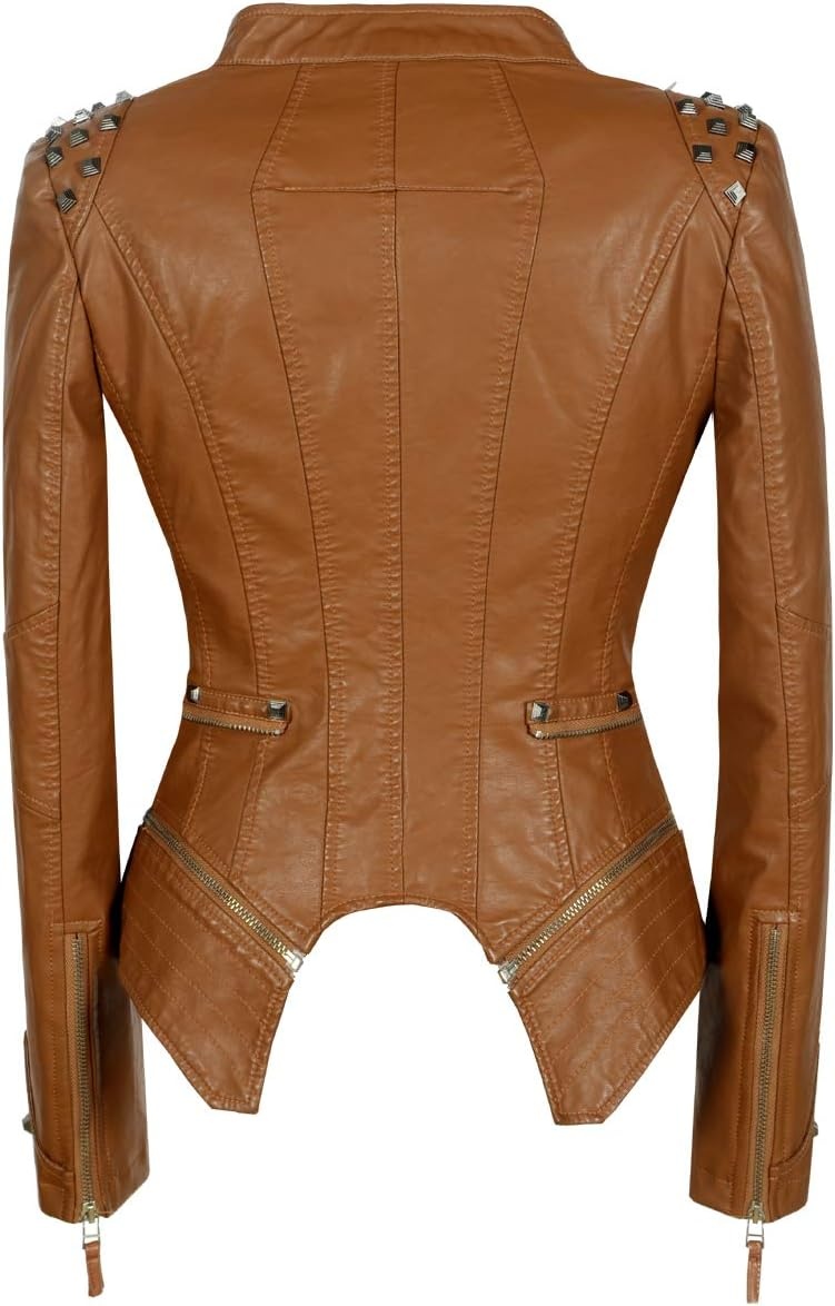 image:imageSX Womens Fashion Studded Perfectly Shaping Faux Leather Biker JacketApricot Yellow