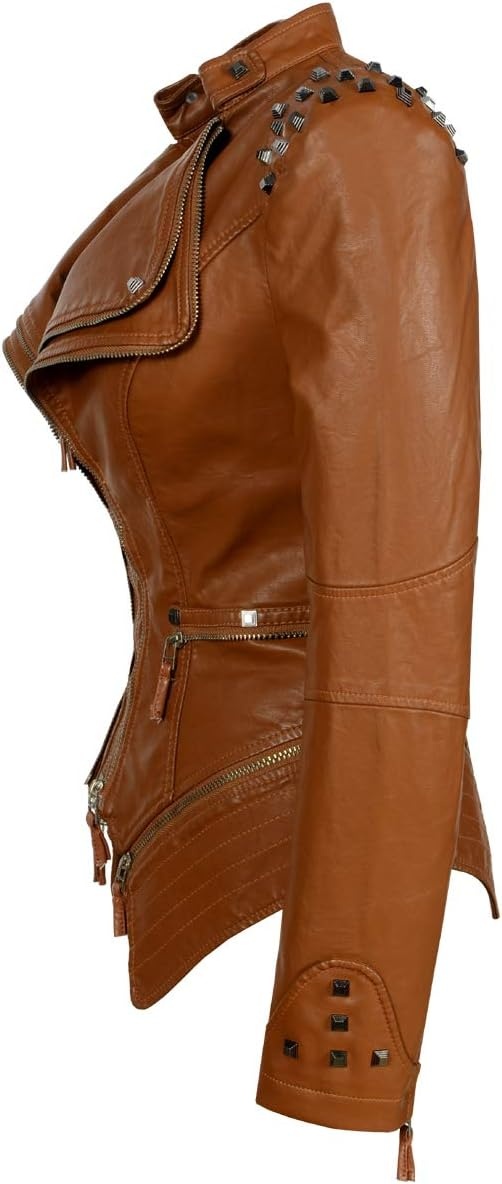 image:imageSX Womens Fashion Studded Perfectly Shaping Faux Leather Biker JacketApricot Yellow