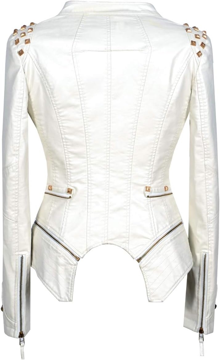 image:imageSX Womens Fashion Studded Perfectly Shaping Faux Leather Biker JacketOffwhite