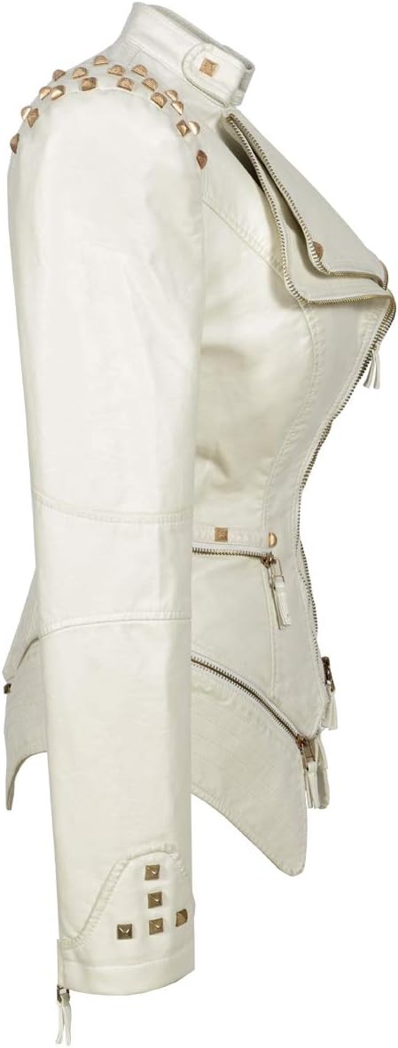 image:imageSX Womens Fashion Studded Perfectly Shaping Faux Leather Biker JacketOffwhite