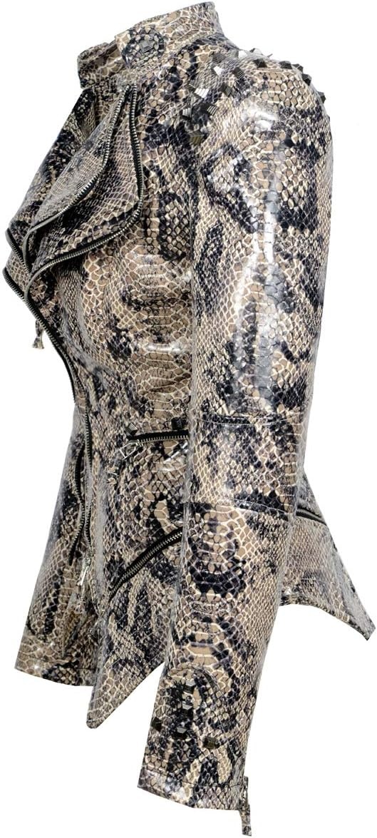 image:imageSX Womens Fashion Studded Perfectly Shaping Faux Leather Biker JacketSnakeskin