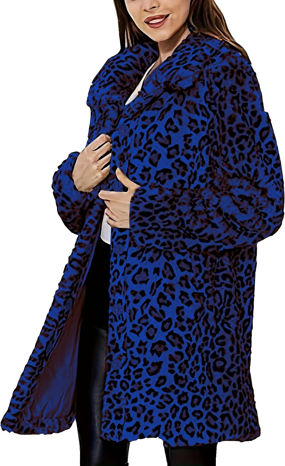 image:imageTOPONSKY Womens Winter Warm Lapel Faux Fur With Inner Lining amp Buttons CoatsCd Leopard Blue