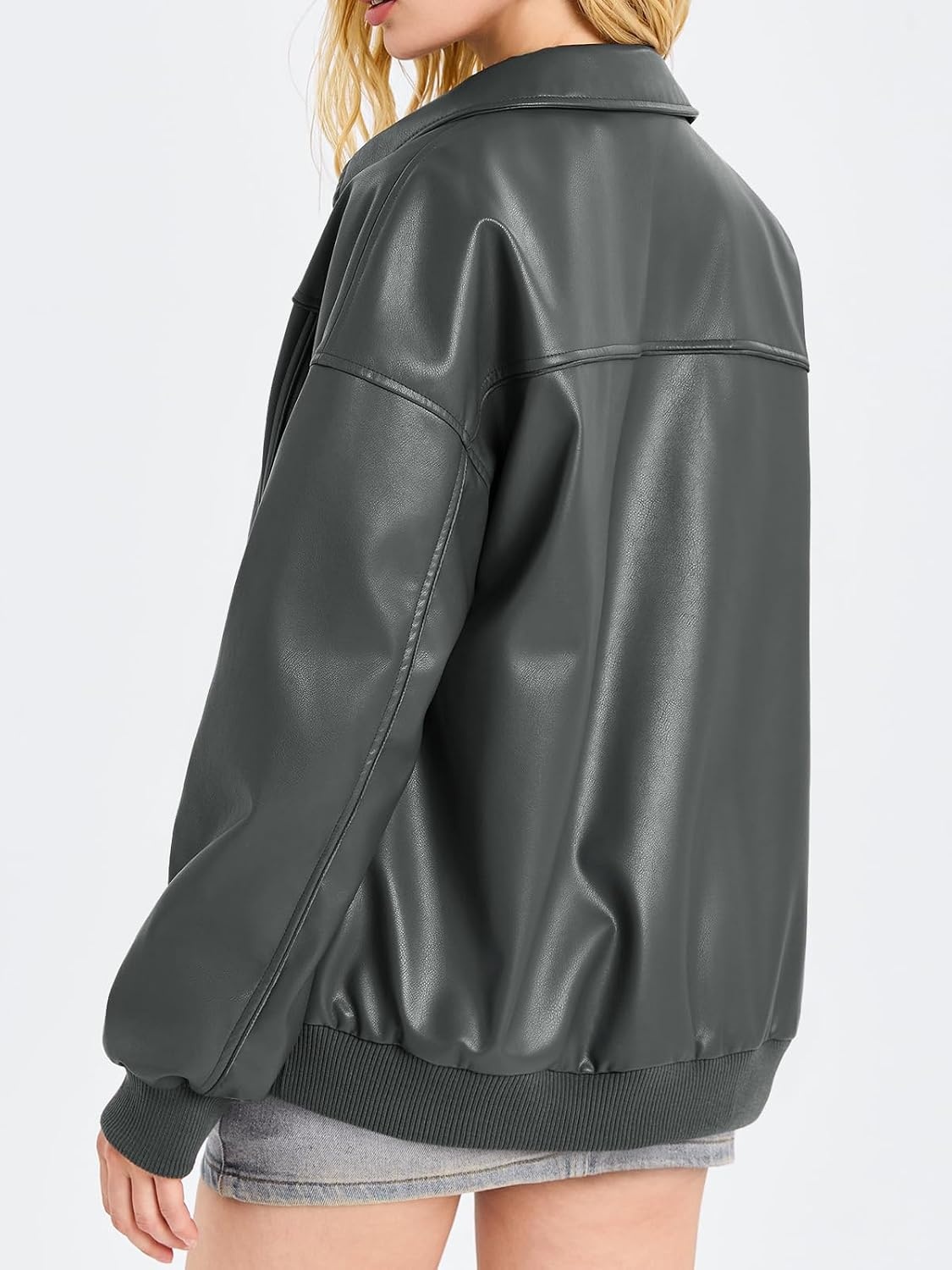 image:imageTankaneo Womens Faux Leather Jacket Oversized Bomber Zip Motor Biker Coat Going Out Outfit Fashion Trendy Jacket Casual Long Sleeve Loose Fit Fall WinterGrey Green