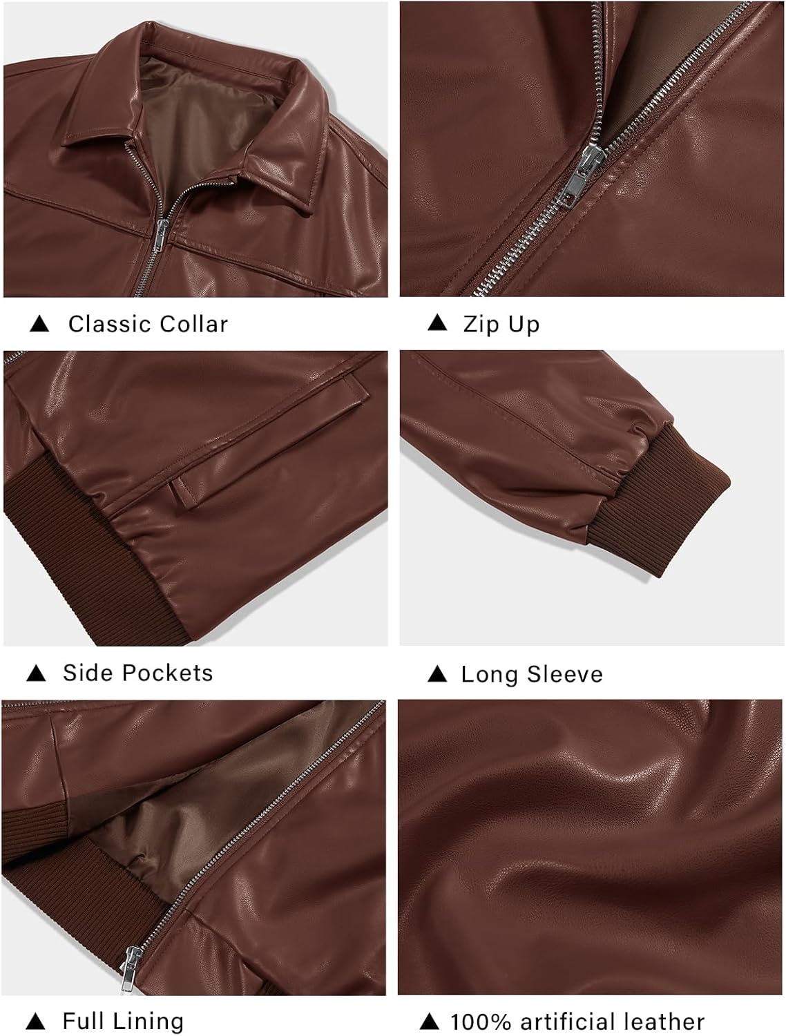 image:imageTankaneo Womens Faux Leather Jacket Oversized Bomber Zip Motor Biker Coat Going Out Outfit Fashion Trendy Jacket Casual Long Sleeve Loose Fit Fall WinterCoffee