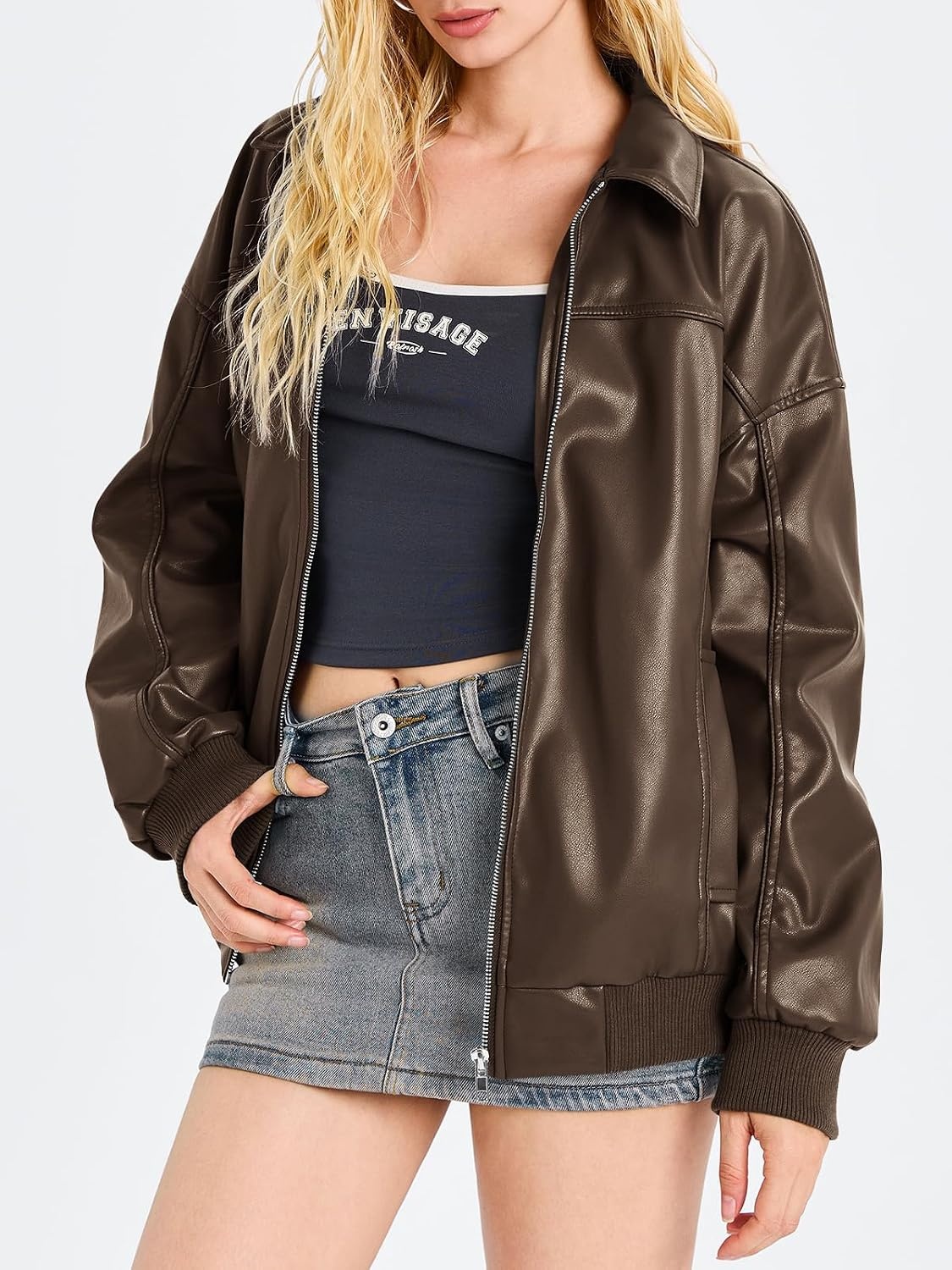 image:imageTankaneo Womens Faux Leather Jacket Oversized Bomber Zip Motor Biker Coat Going Out Outfit Fashion Trendy Jacket Casual Long Sleeve Loose Fit Fall WinterDark Brown